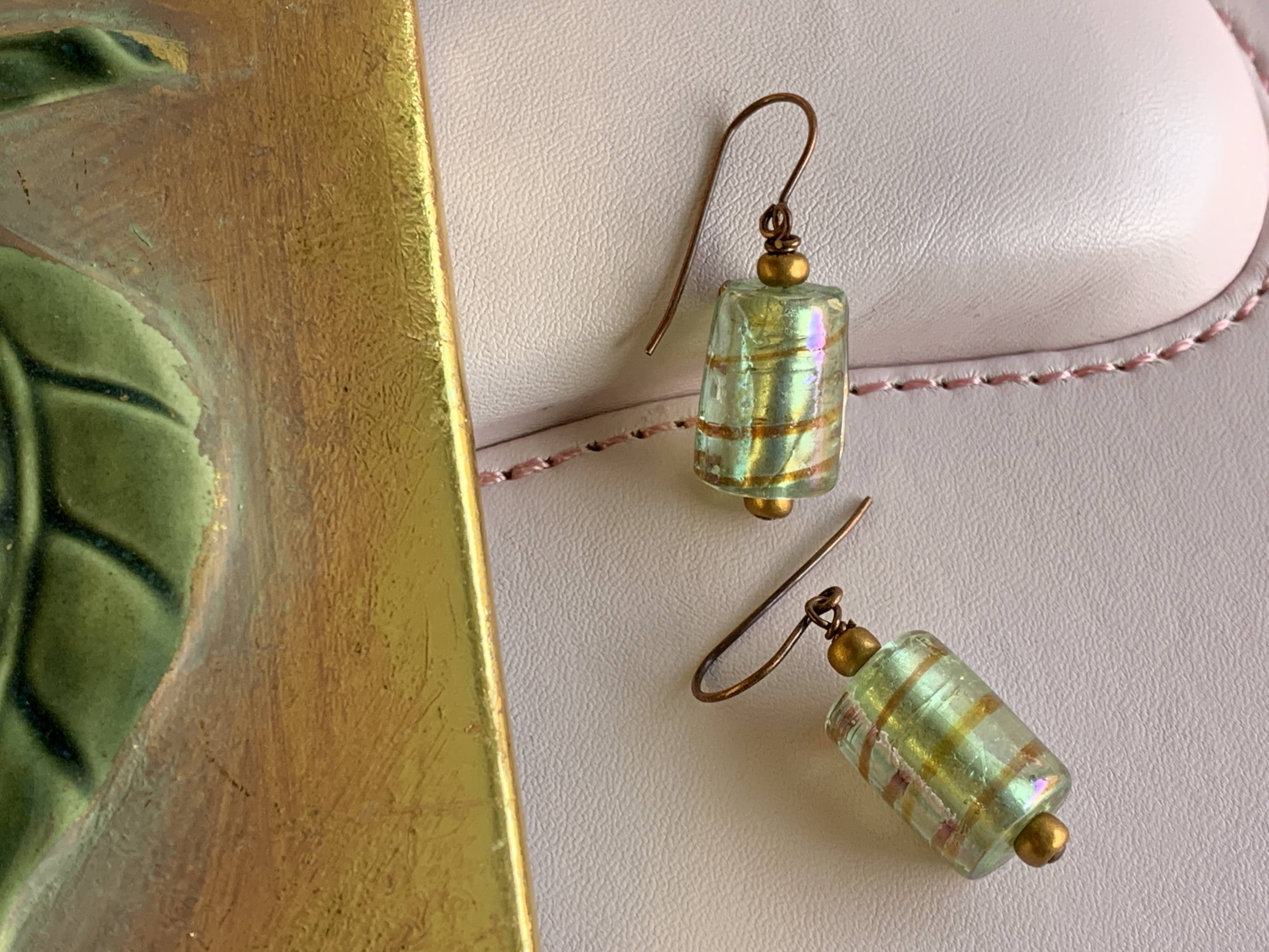 Green Shiny Glass Bead Earrings - Brown Bands