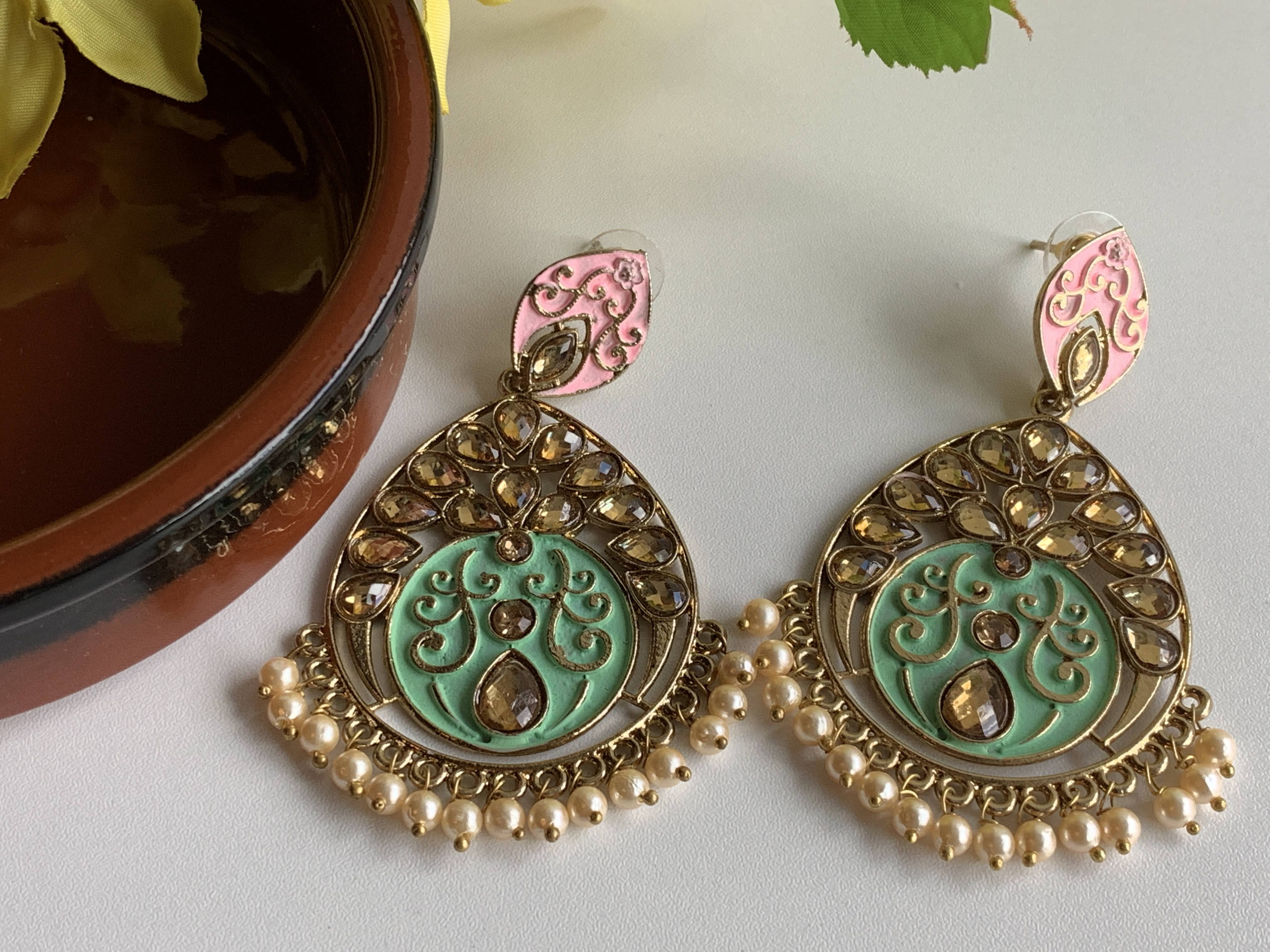 Minakari Kundan Earrings- Gold Mint Pink Color -  Pearl Beads -