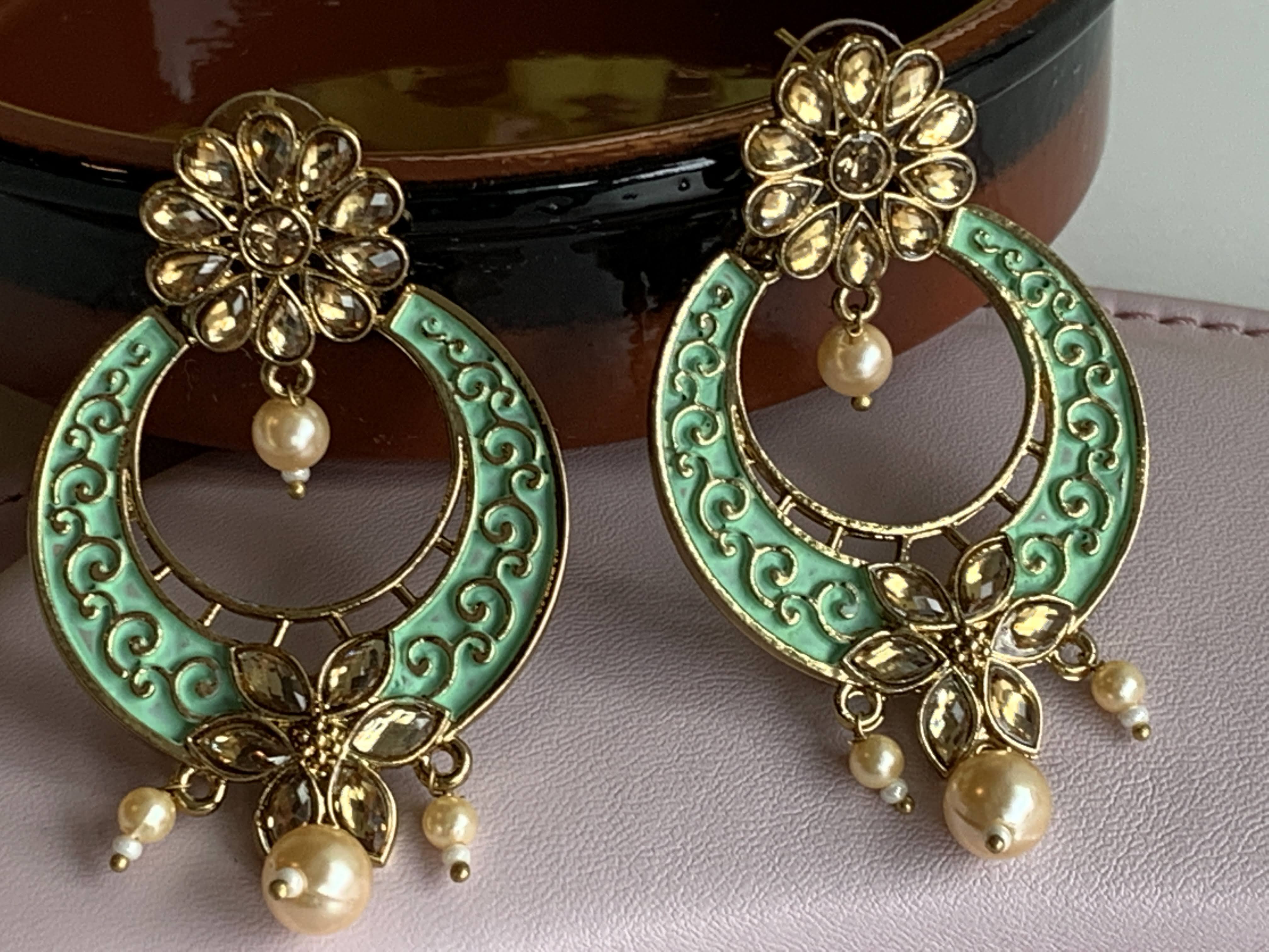 Mint Gold Color - Pearl Beads -  Minakari Kundan Earrings