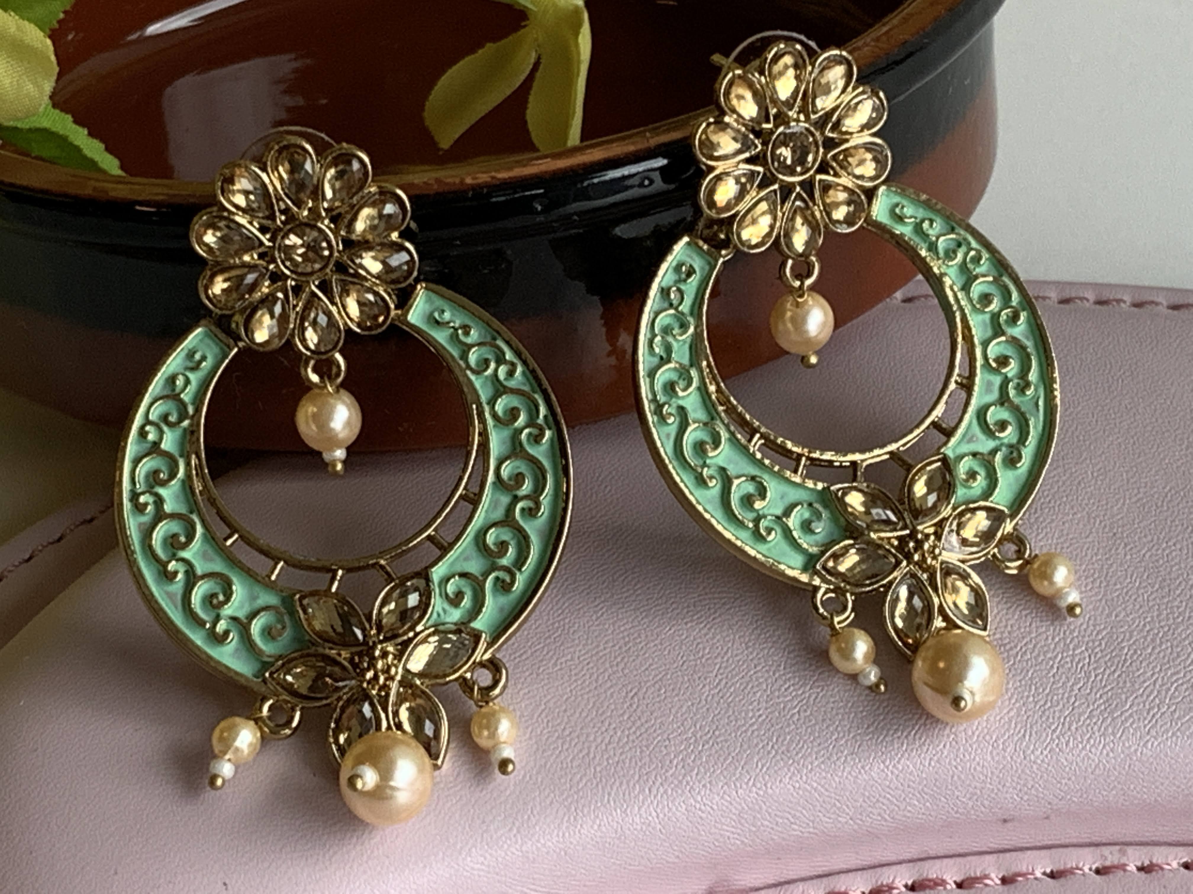 Mint Gold Color - Pearl Beads -  Minakari Kundan Earrings