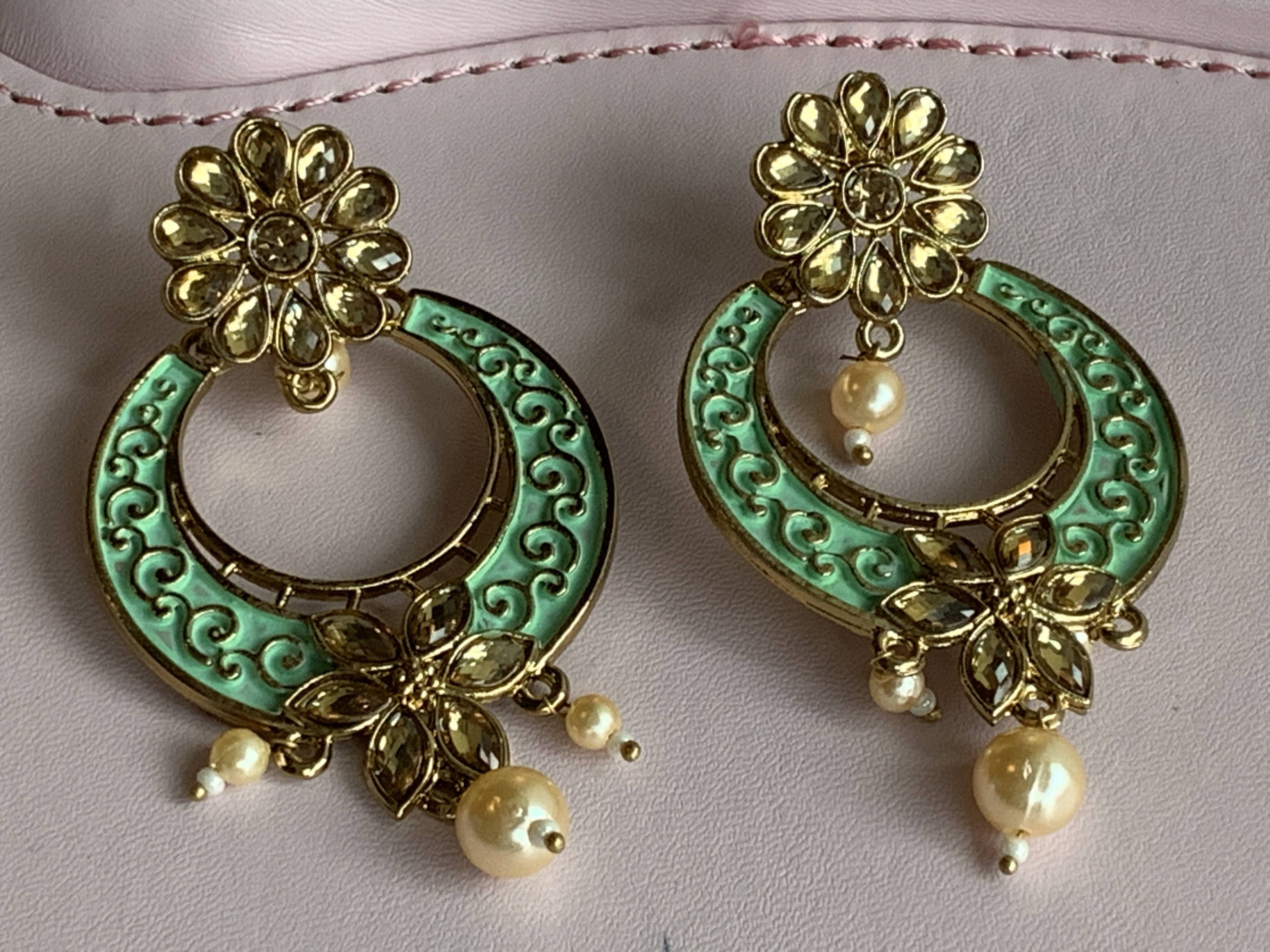 Mint Gold Color - Pearl Beads -  Minakari Kundan Earrings