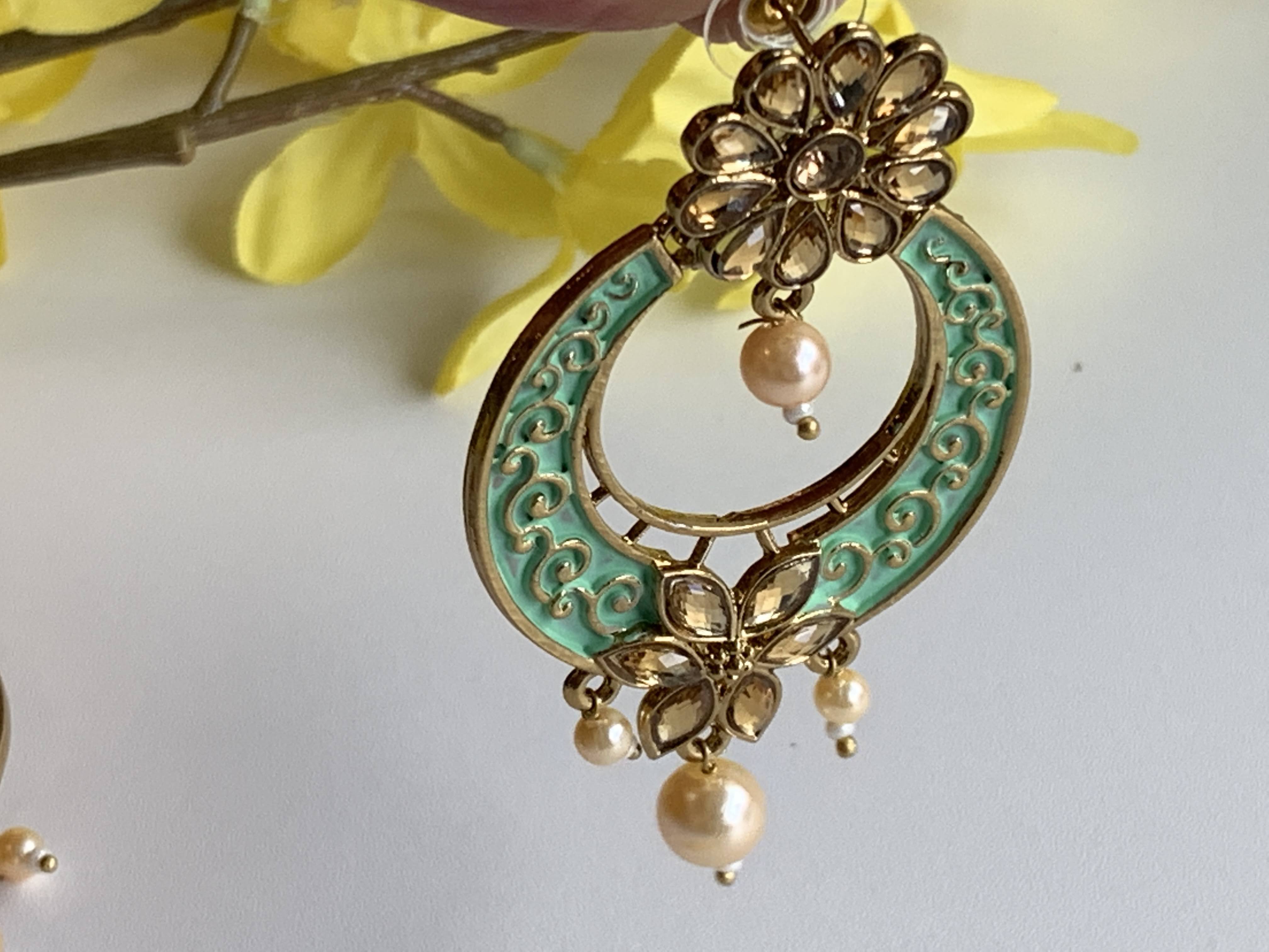 Mint Gold Color - Pearl Beads -  Minakari Kundan Earrings