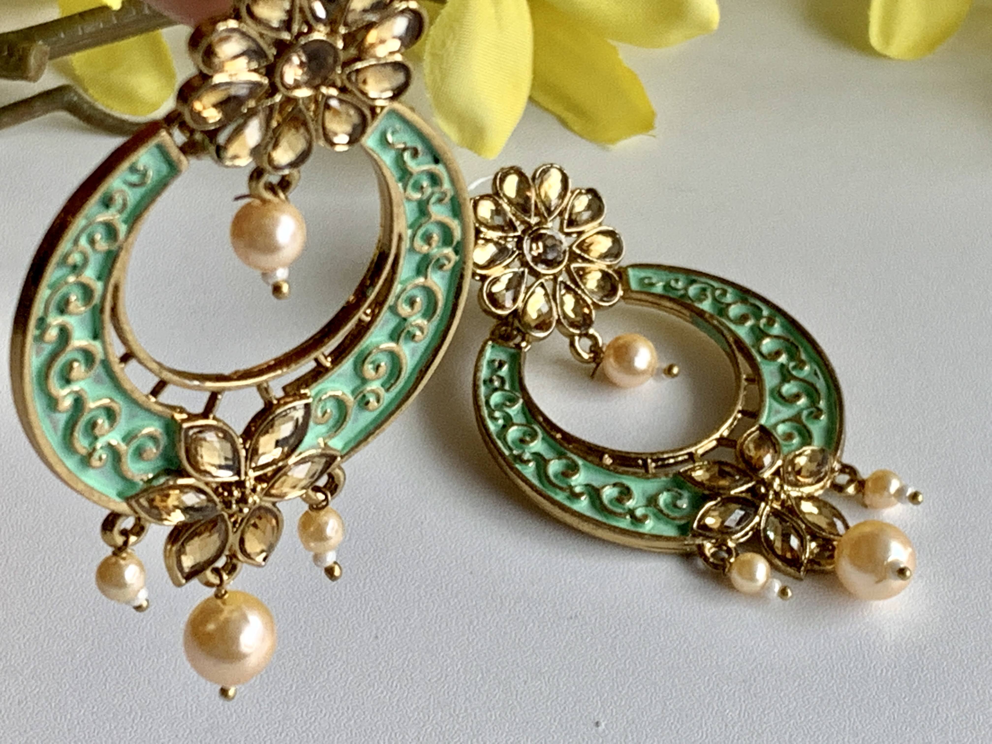 Mint Gold Color - Pearl Beads -  Minakari Kundan Earrings