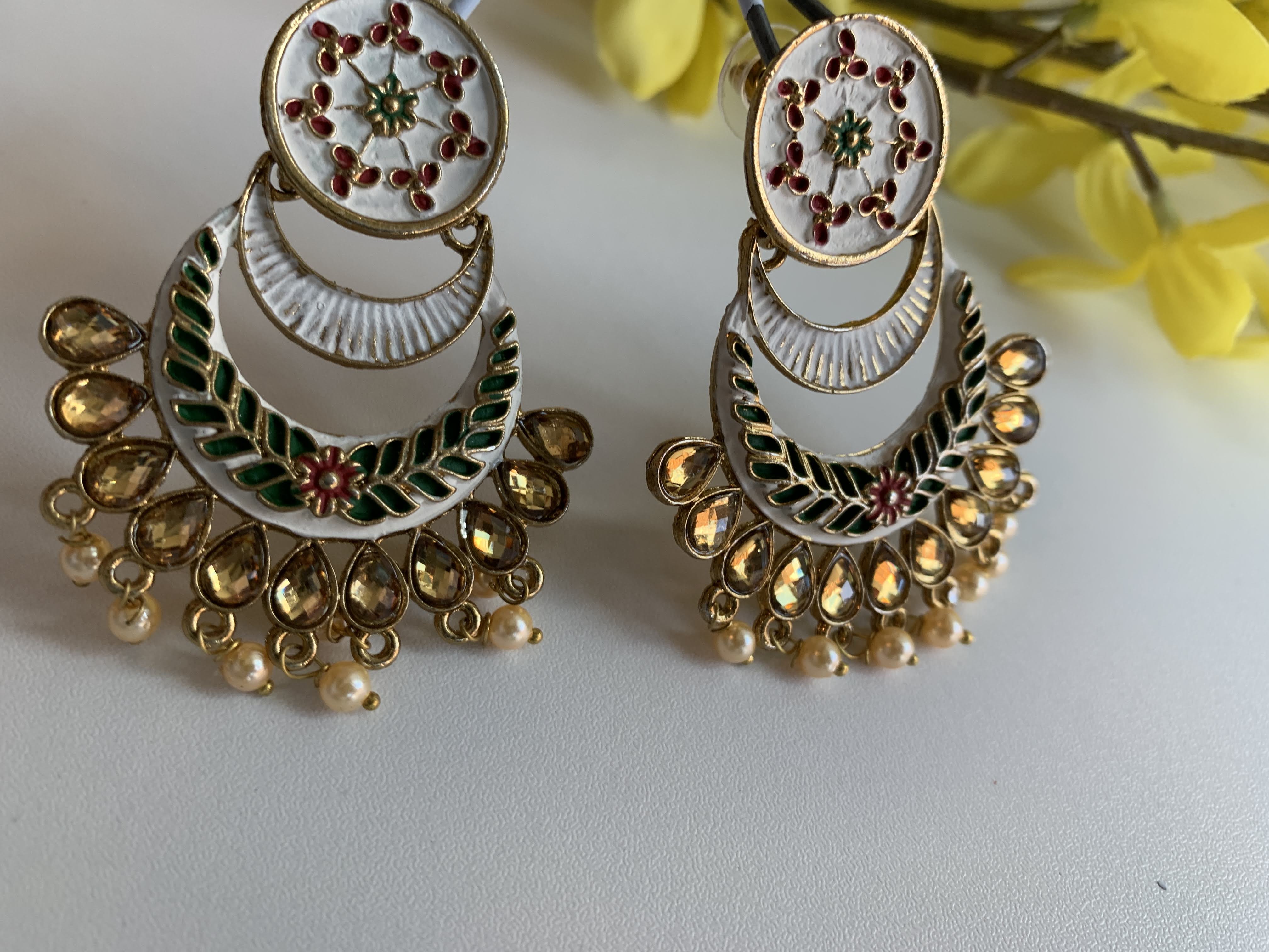 Minakari Kundan Earrings - Gold White Color - Faux Pearl Beads