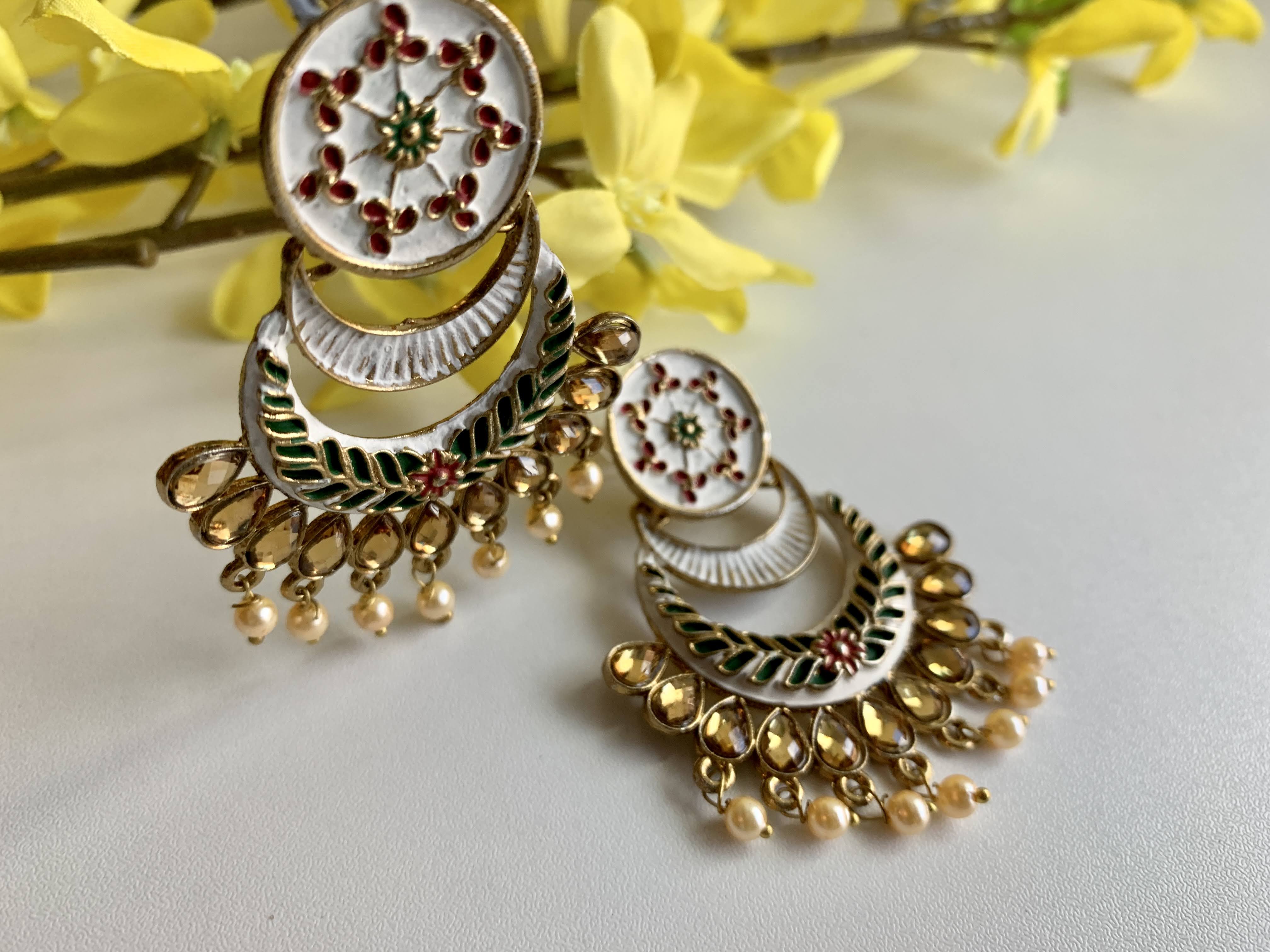 Minakari Kundan Earrings - Gold White Color - Faux Pearl Beads