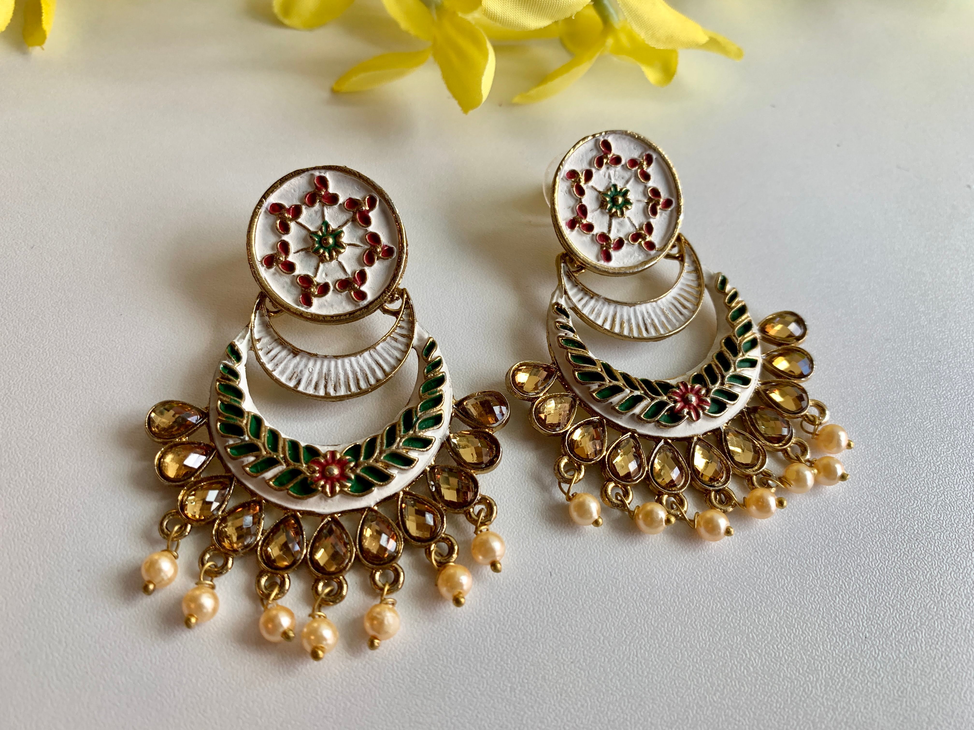 Minakari Kundan Earrings - Gold White Color - Faux Pearl Beads