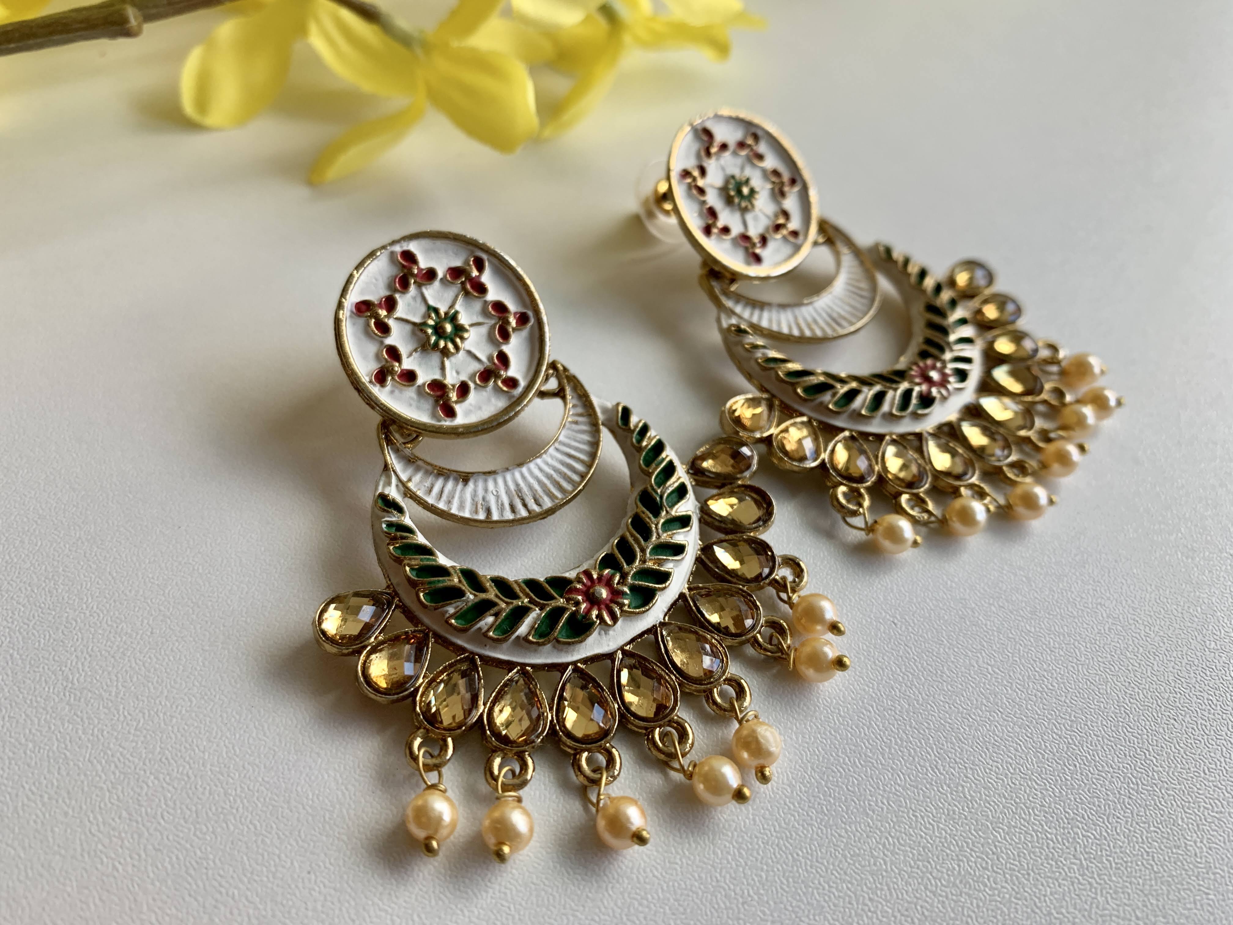 Minakari Kundan Earrings - Gold White Color - Faux Pearl Beads