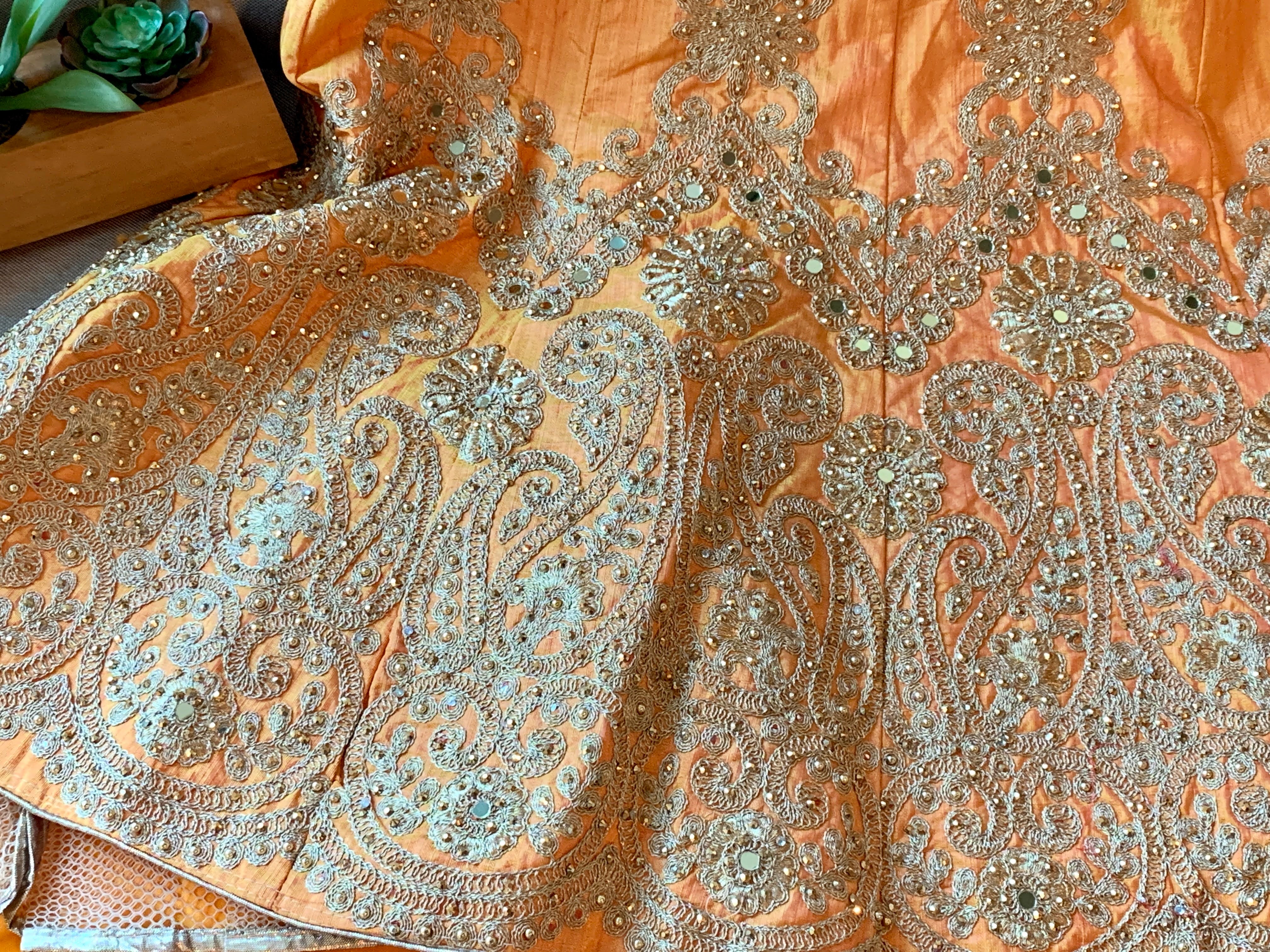 Orange Color - Raw Silk, Jewel Studded, Embroidered - Lehenga Choli Set