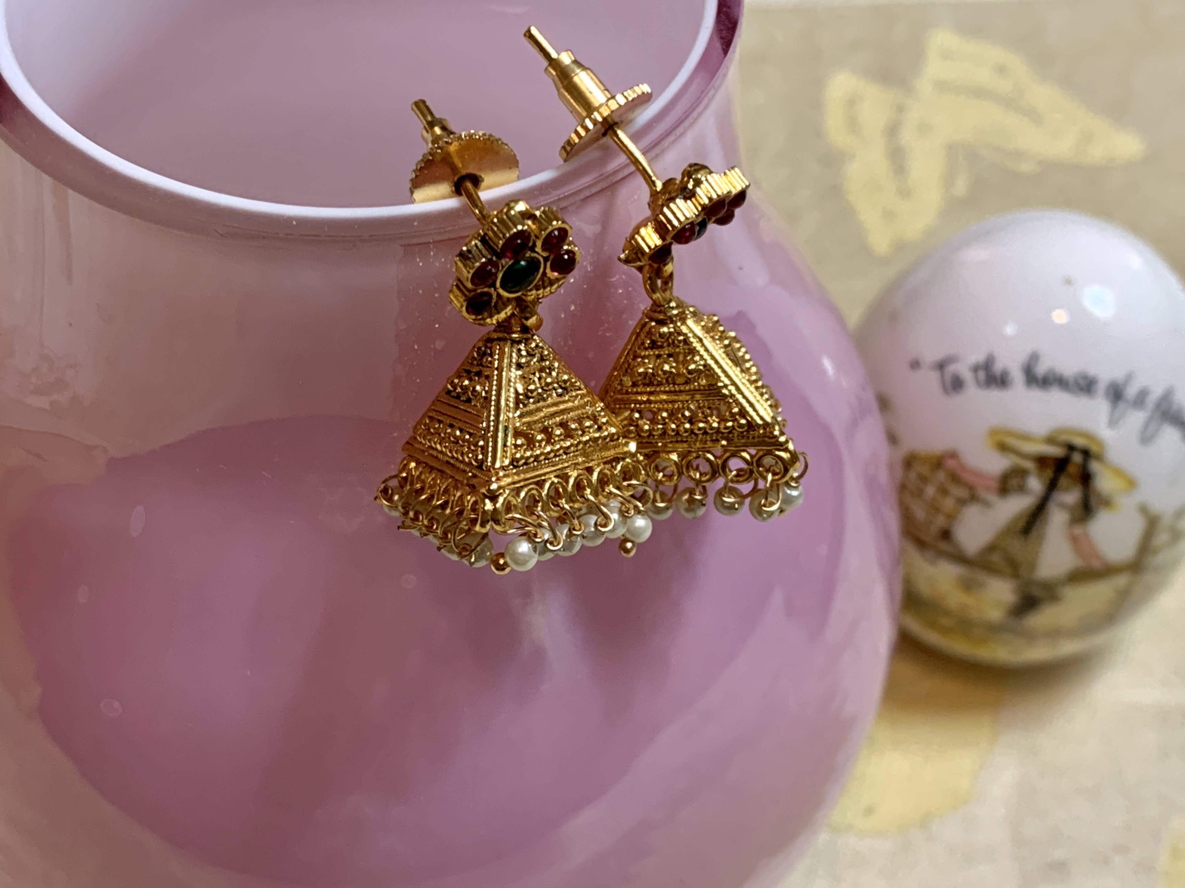 Gold Plated - Temple Jewelry - Kemp Stone Jhumki Earrings - Pearl Beads