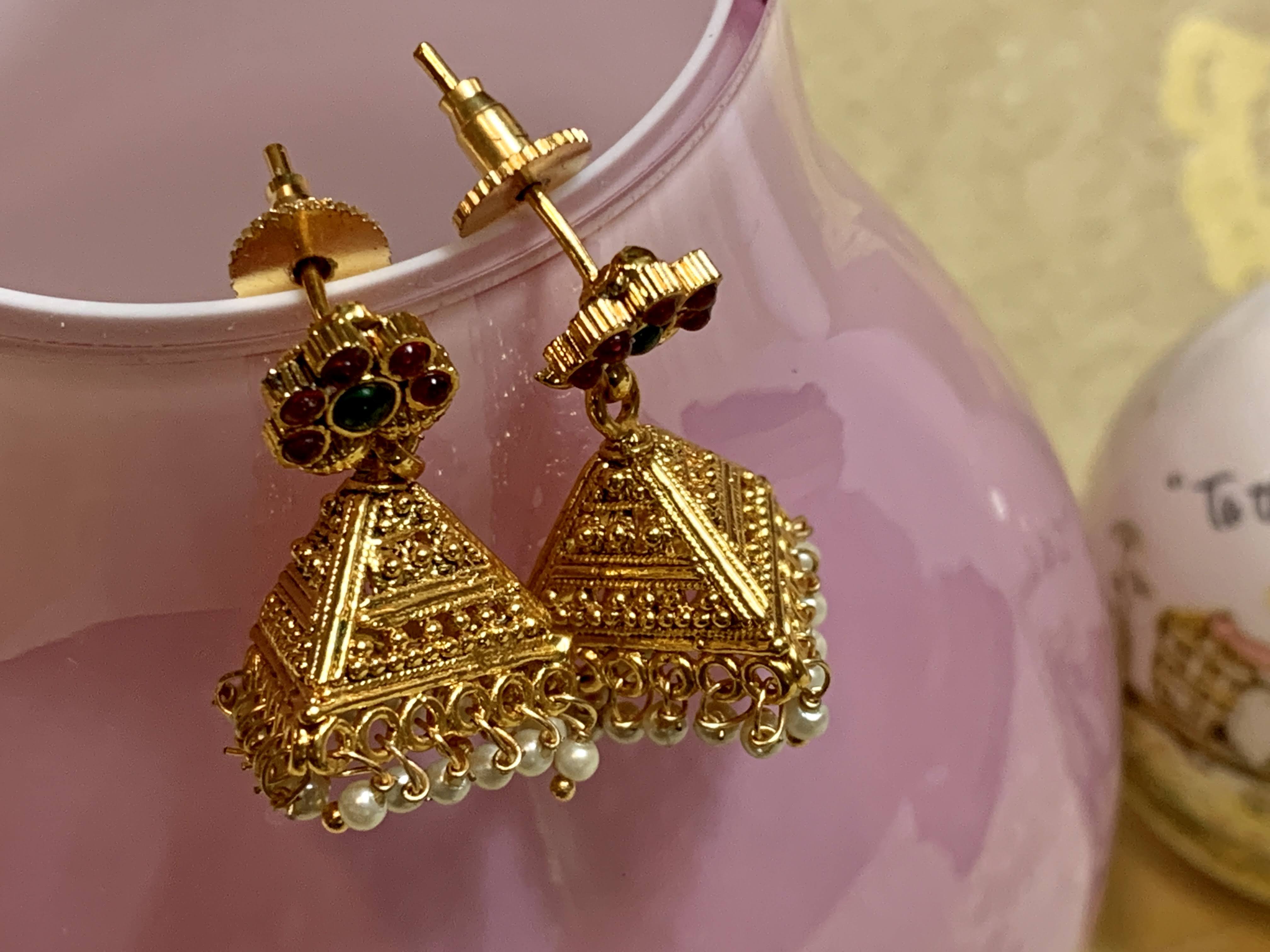 Gold Plated - Temple Jewelry - Kemp Stone Jhumki Earrings - Pearl Beads
