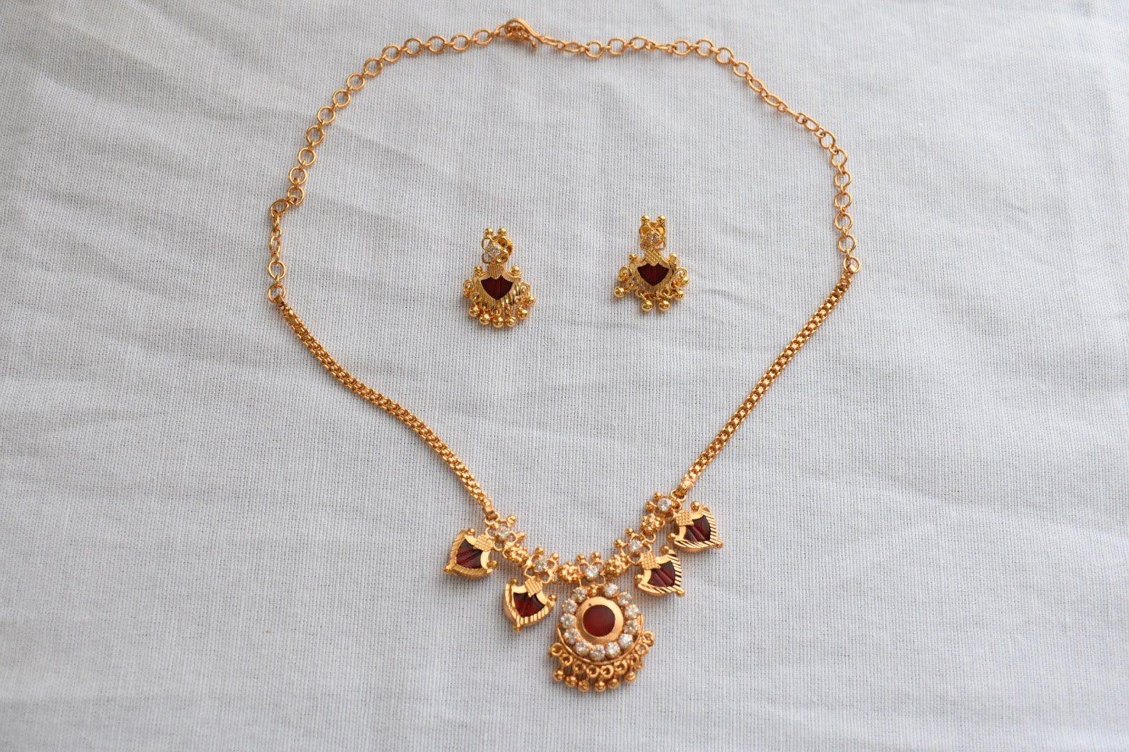 Gold Plated - Temple Jewelry - Short Kemp Palakka Necklace Set - Gold Plated Beads