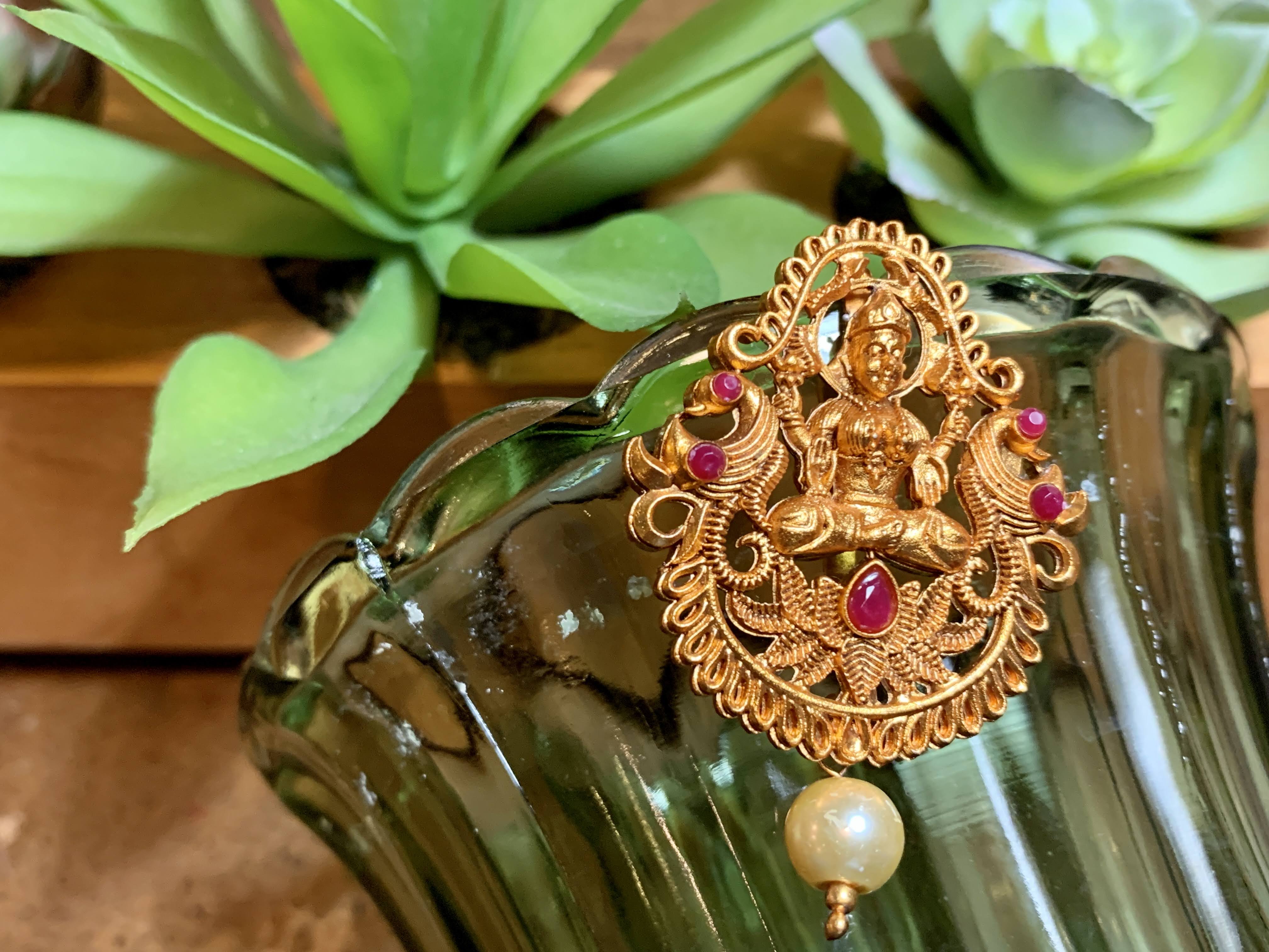 Goddess Lakshmi - Temple Jewelry - Hair Clip - Jewel Stone Studded