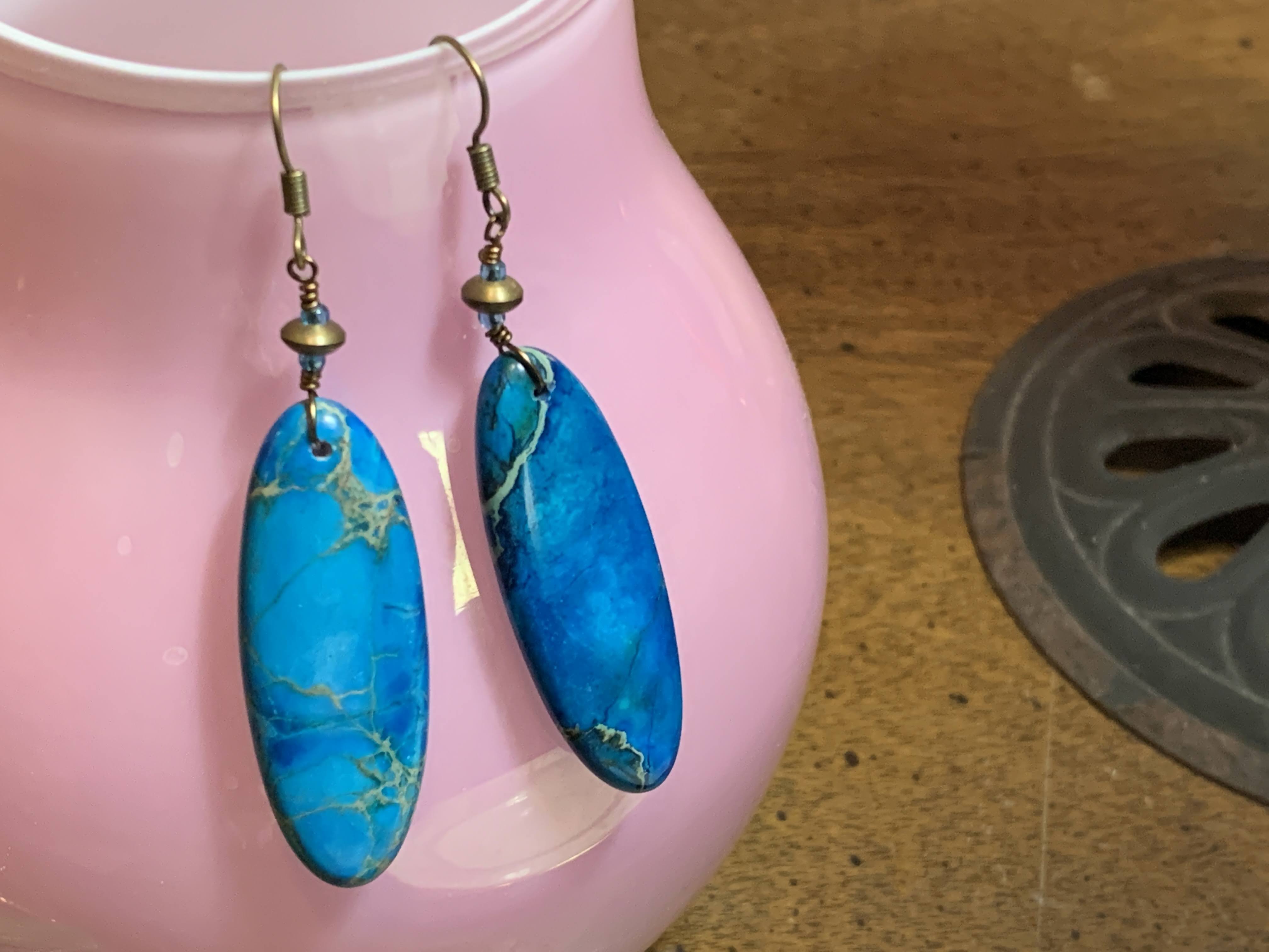 Blue Color - Oval Glass Stone Bead - Artisan Earrings