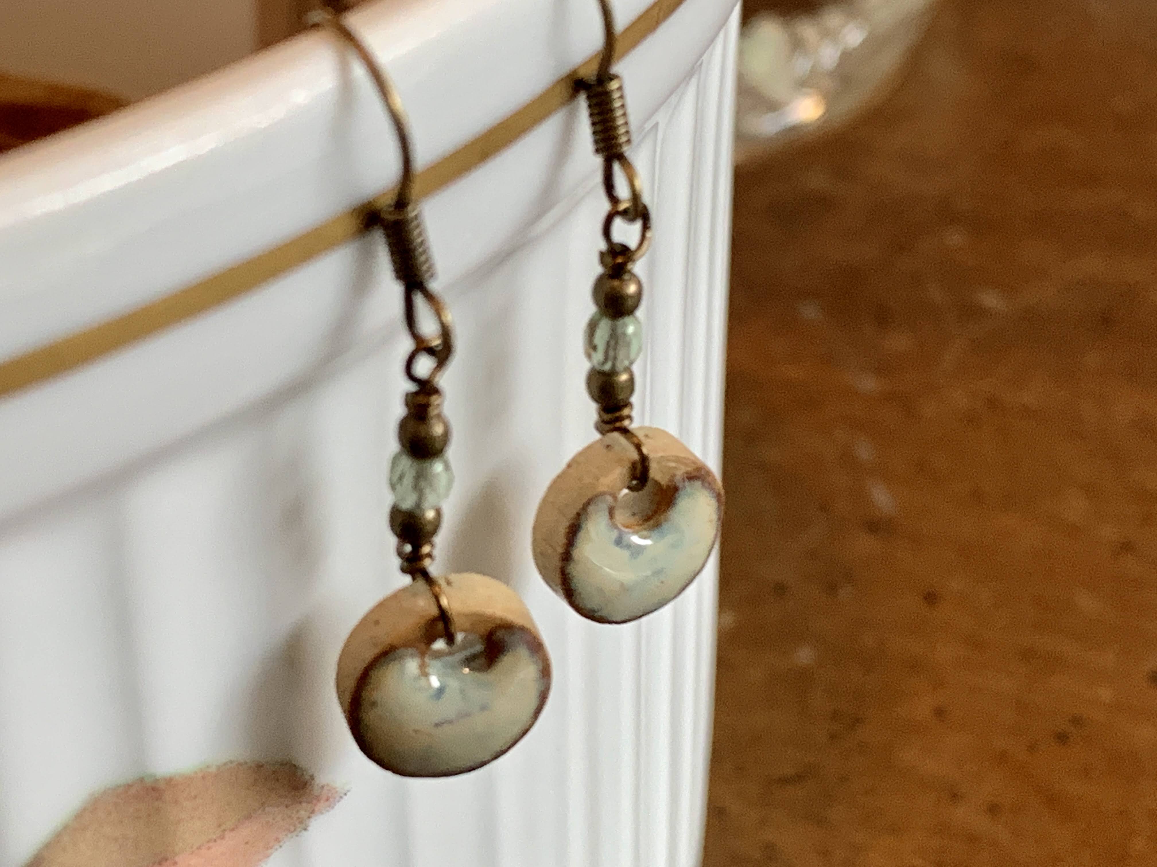 Ivory Stone Bead Wood - Artisan Earrings