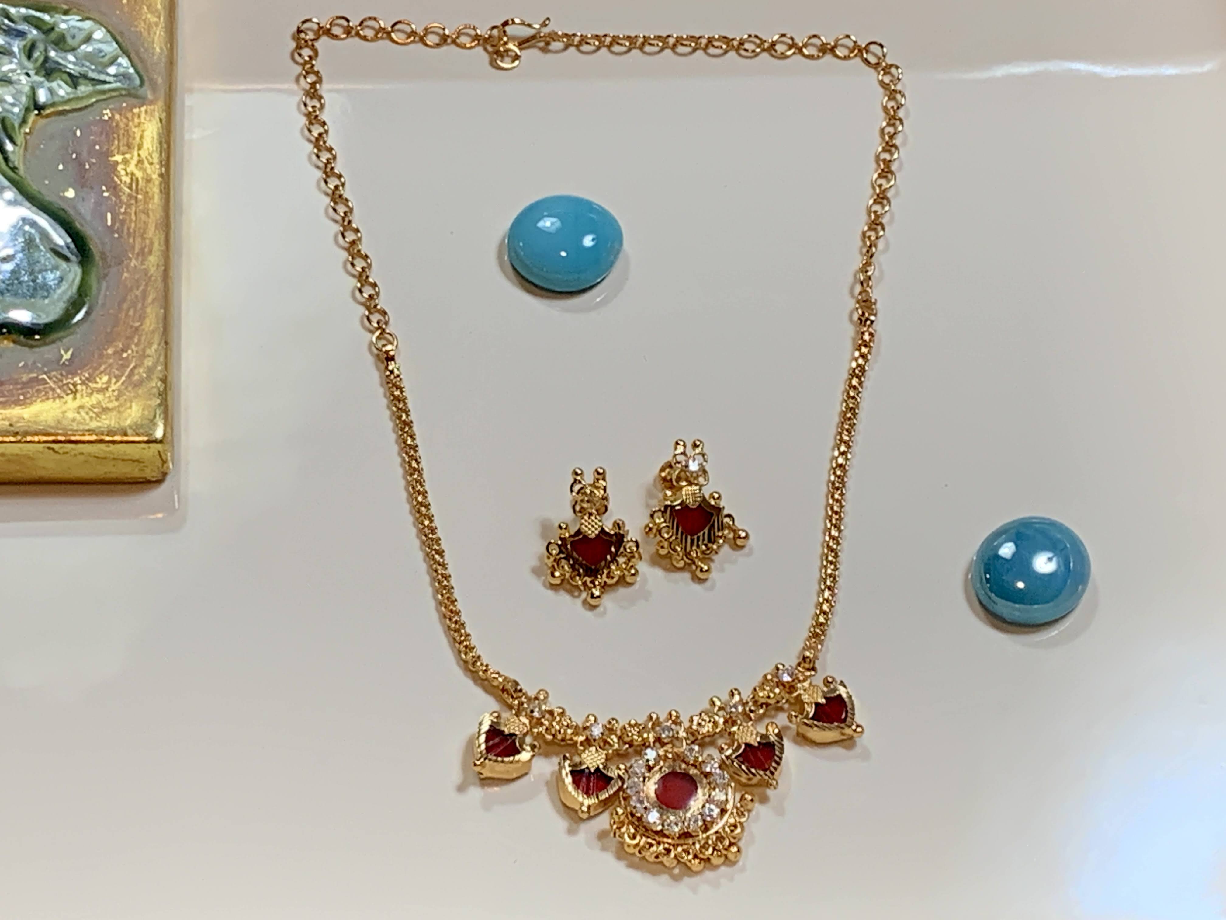 Gold Plated - Temple Jewelry - Short Kemp Palakka Necklace Set - Gold Plated Beads