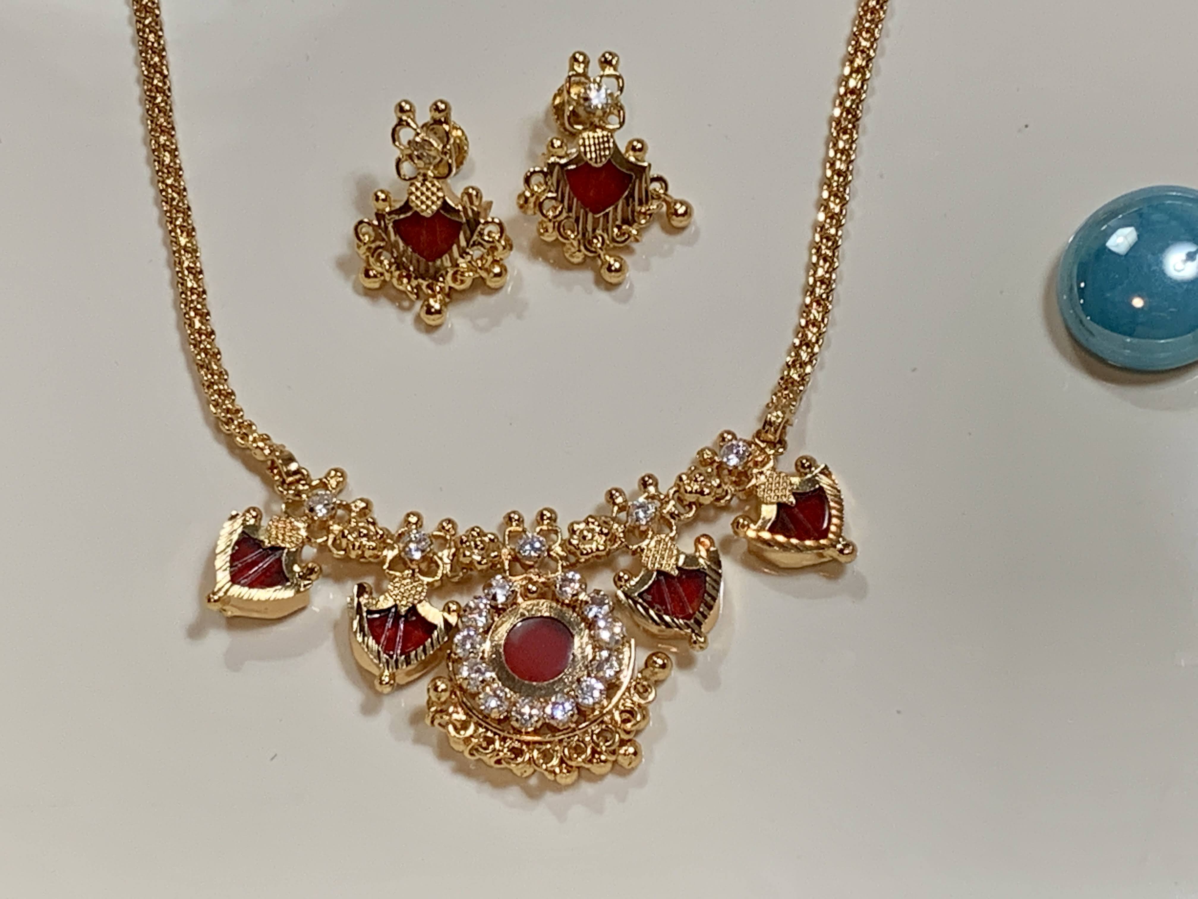 Gold Plated - Temple Jewelry - Short Kemp Palakka Necklace Set - Gold Plated Beads