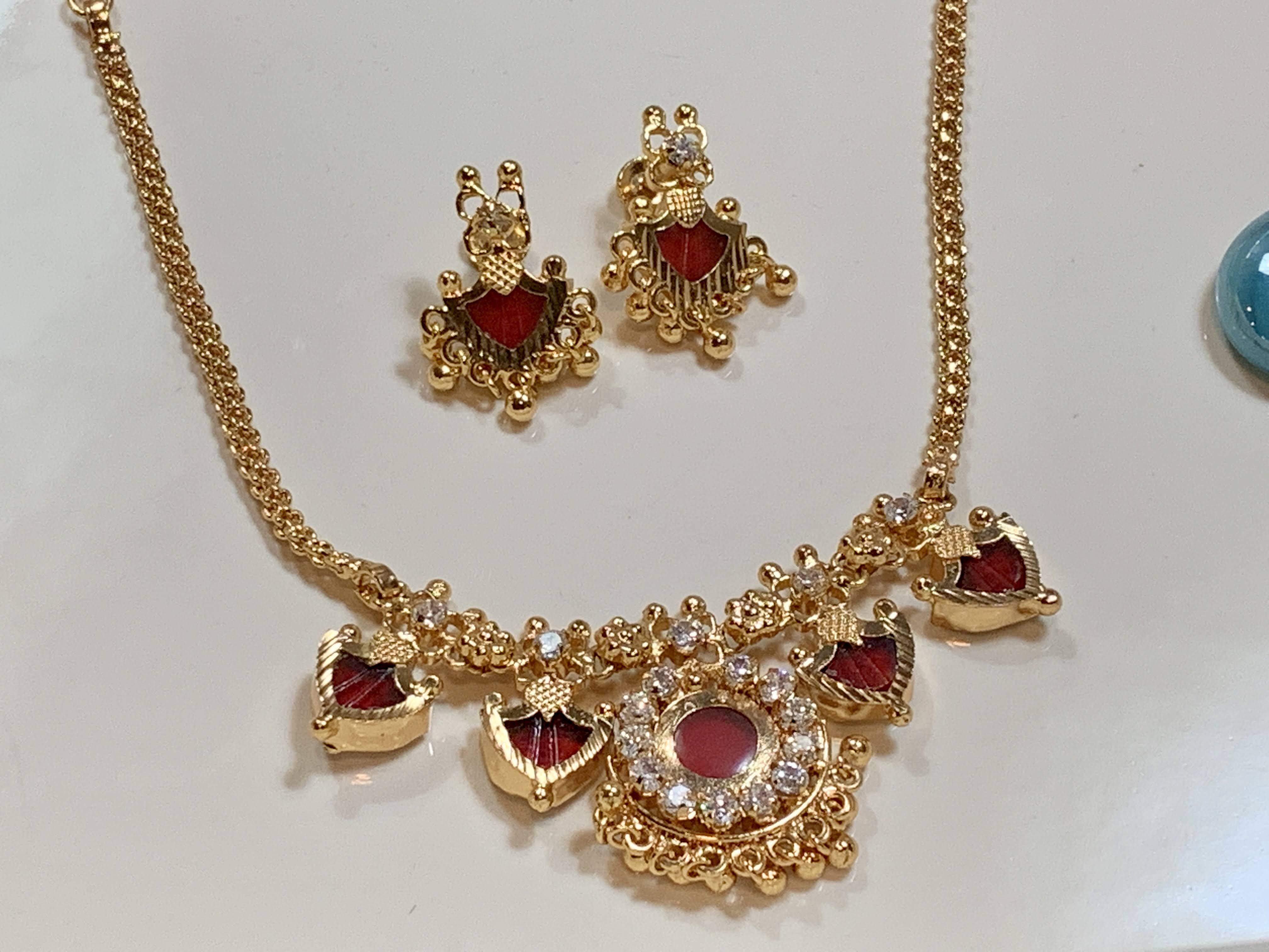 Gold Plated - Temple Jewelry - Short Kemp Palakka Necklace Set - Gold Plated Beads