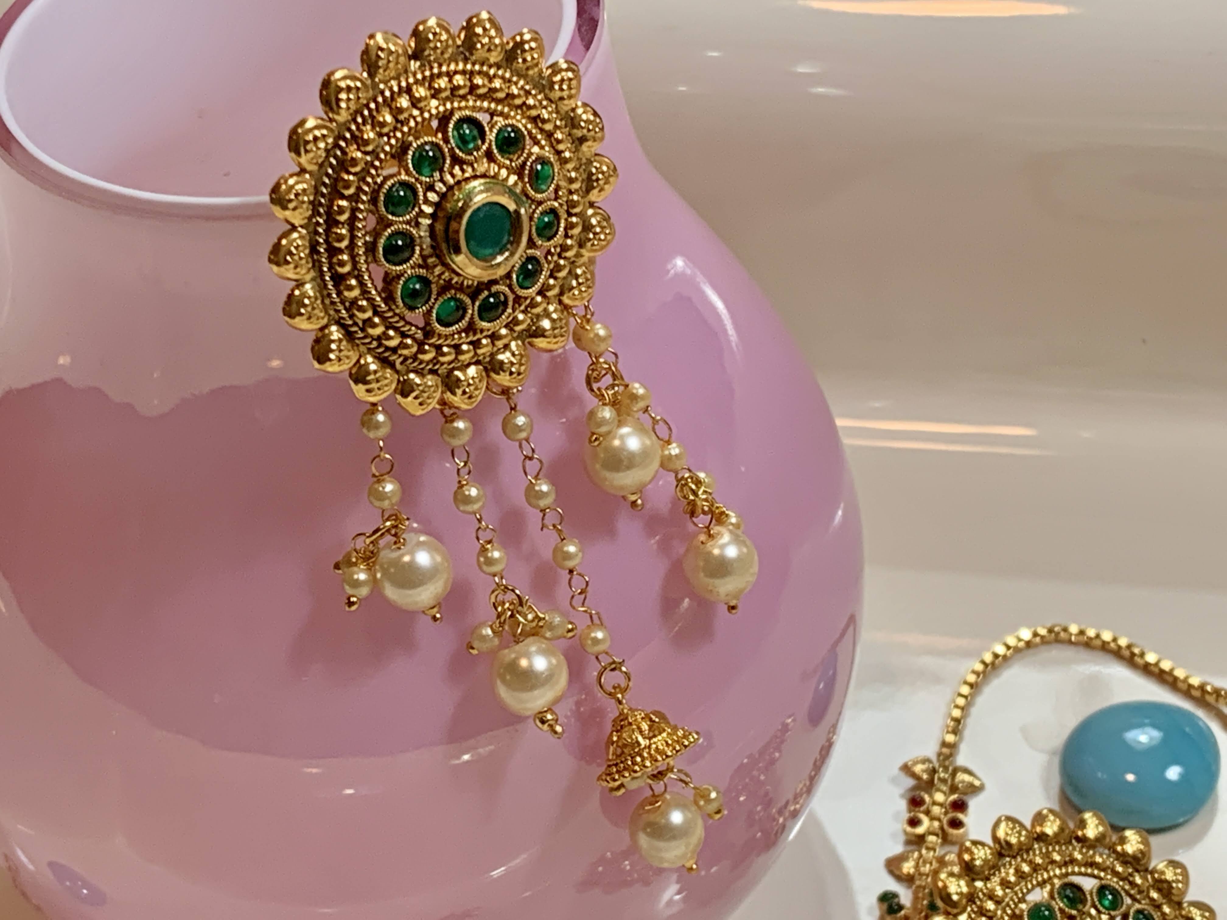 Gold Plated Jhumki Earrings - Temple Jewelry - Kemp Stone and Pearl Beads Studded