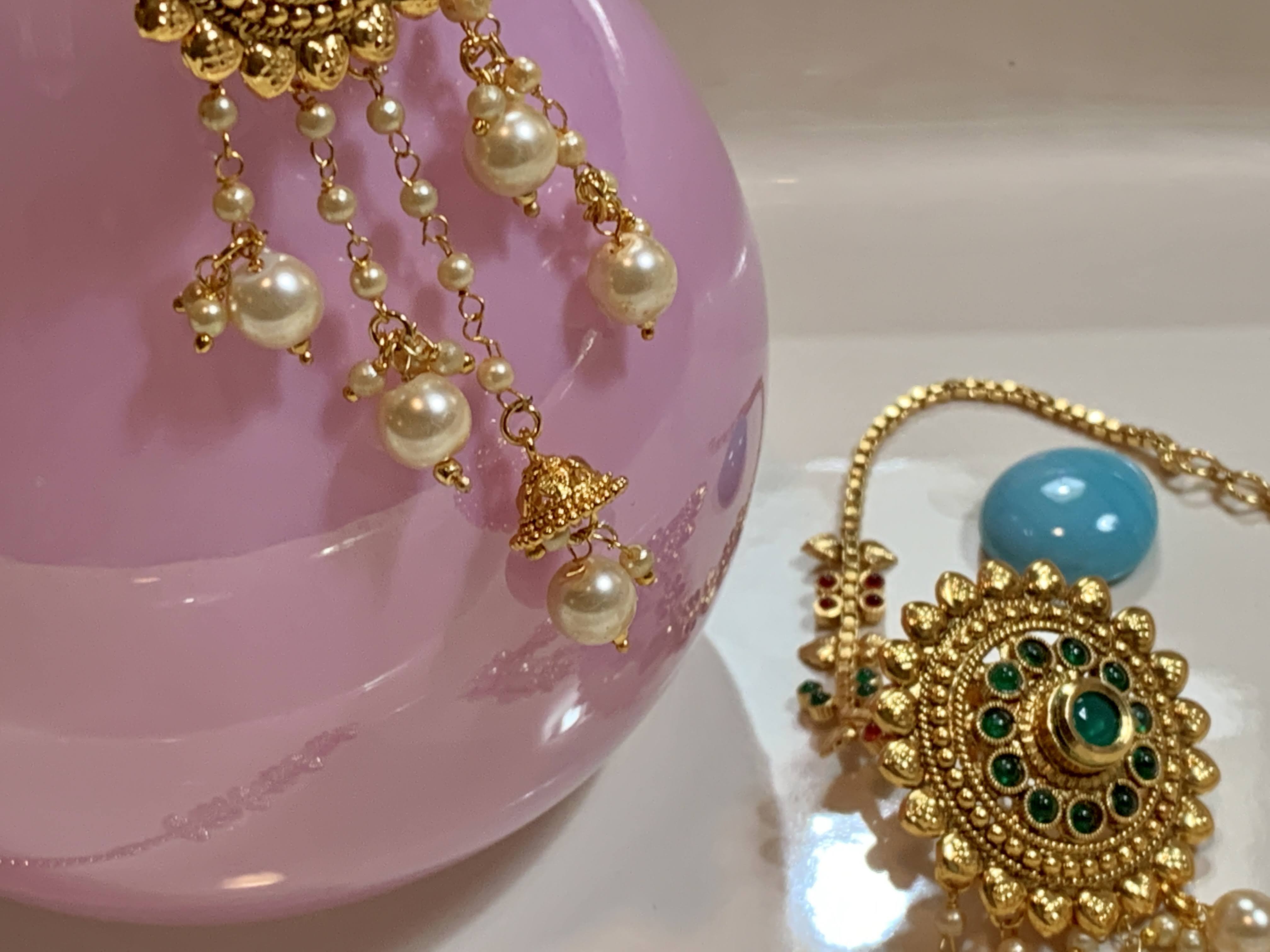 Gold Plated Jhumki Earrings - Temple Jewelry - Kemp Stone and Pearl Beads Studded