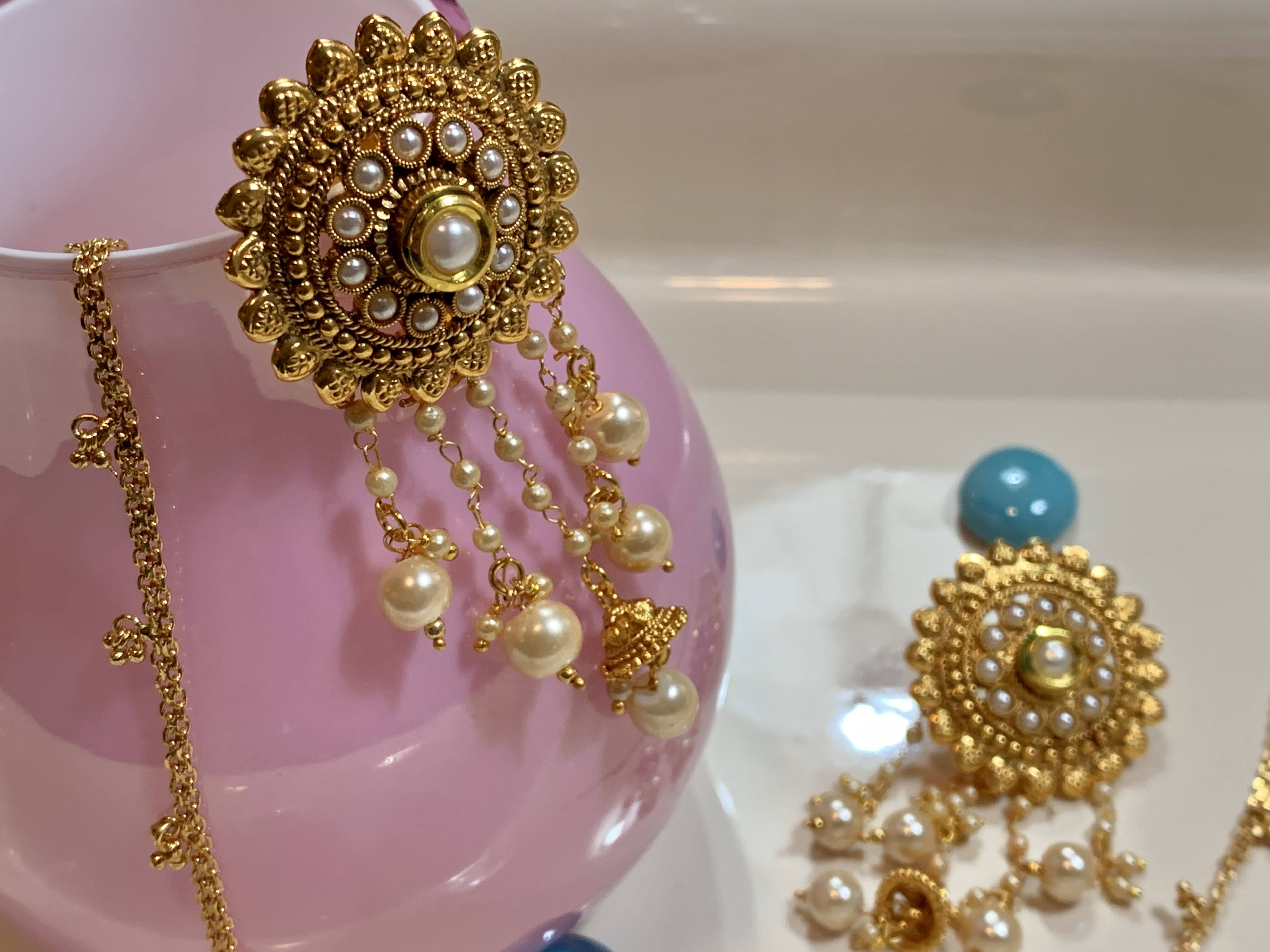 Gold Plated Jhumki Earrings - Temple Jewelry - Pearl Beads Studded