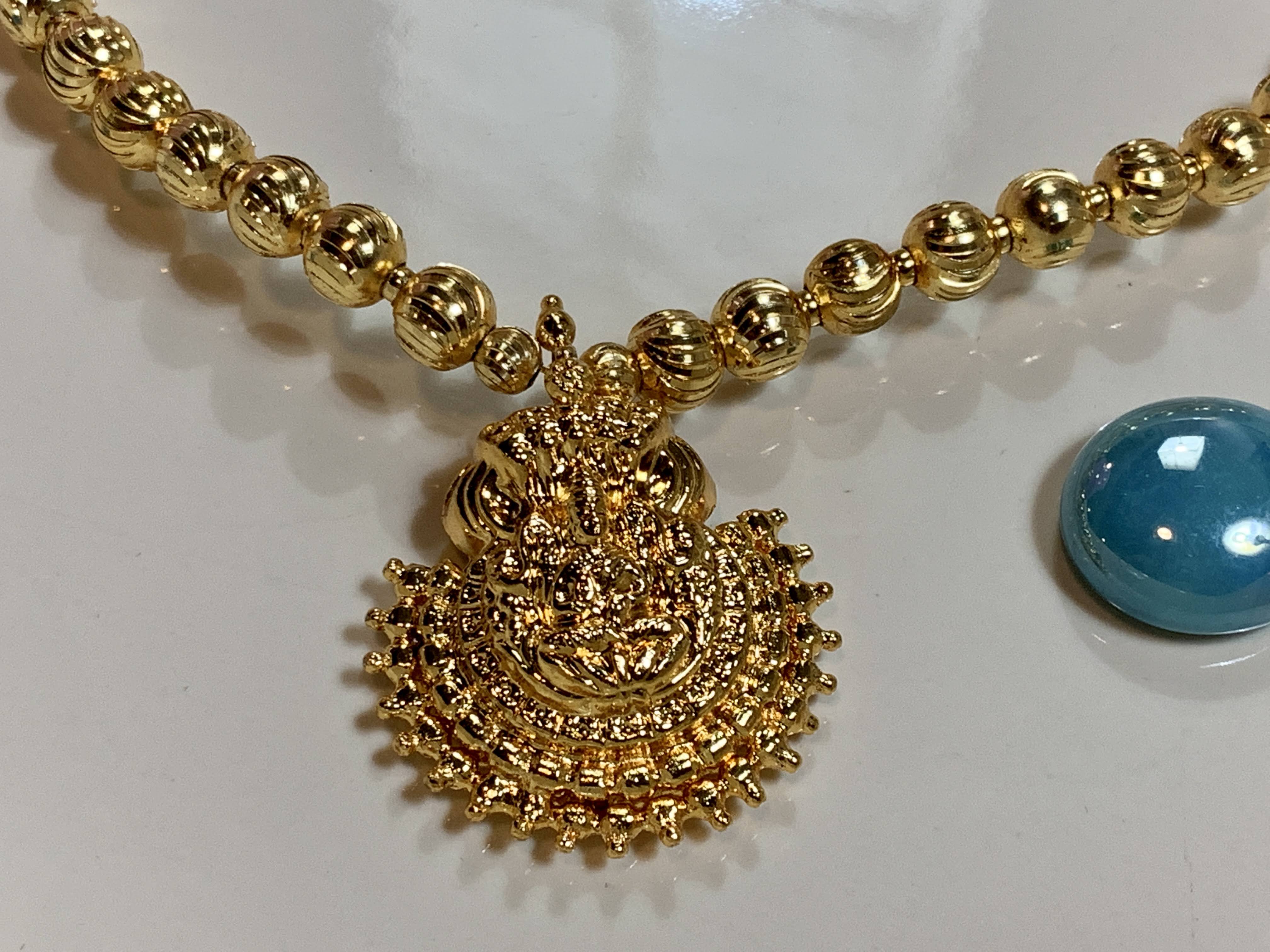 Goddess Lakshmi Pendant - Gold Plated Temple Jewelry - Shiny Gold Plated Bead Necklace