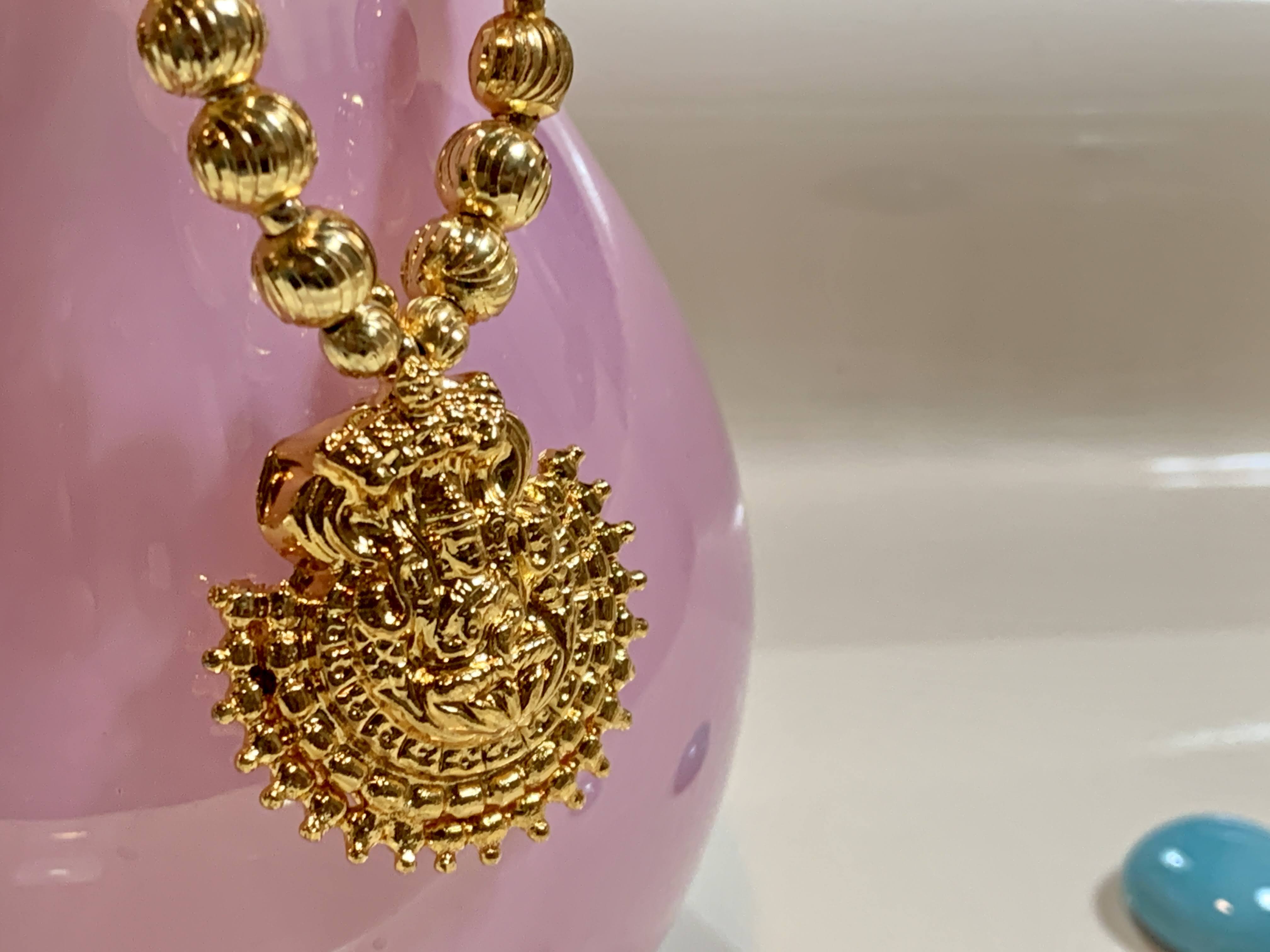Goddess Lakshmi Pendant - Gold Plated Temple Jewelry - Shiny Gold Plated Bead Necklace