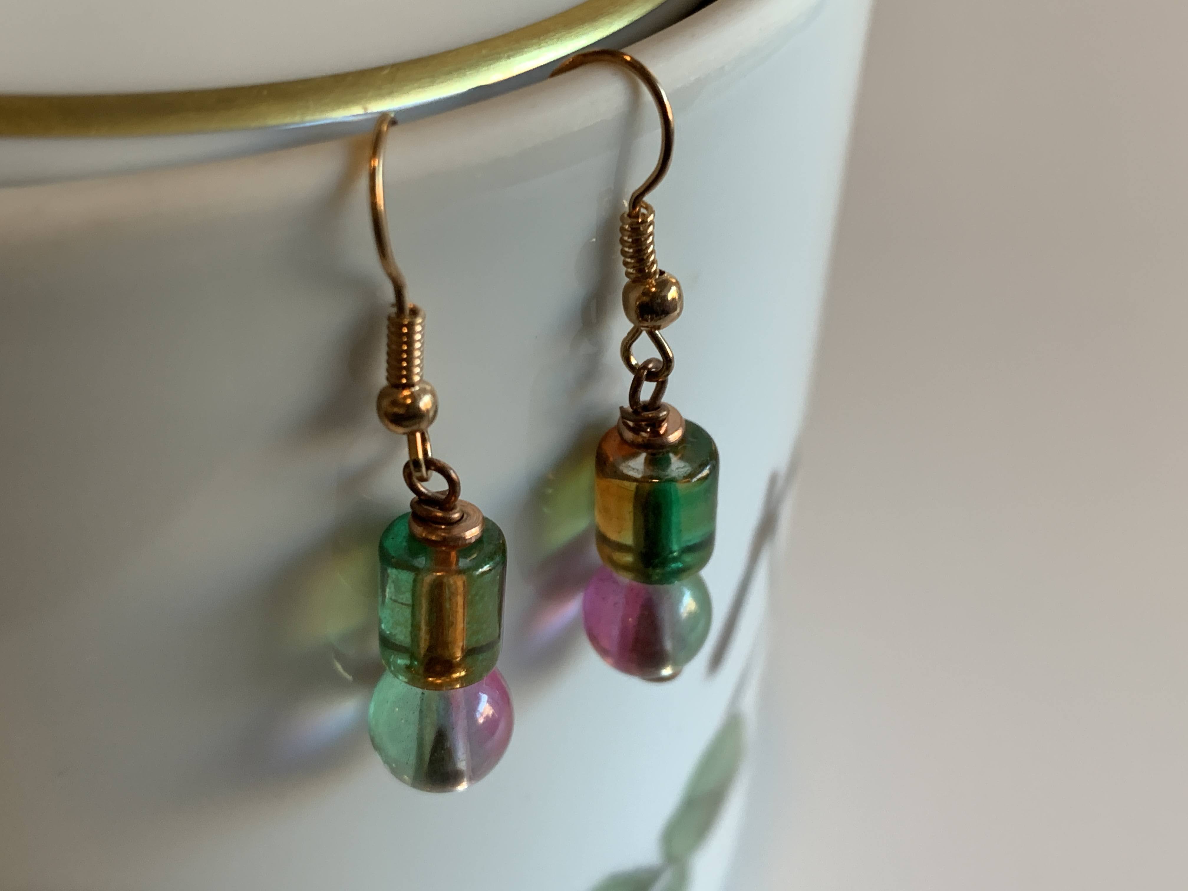 Pink Blue Color - Glass Bead Earrings
