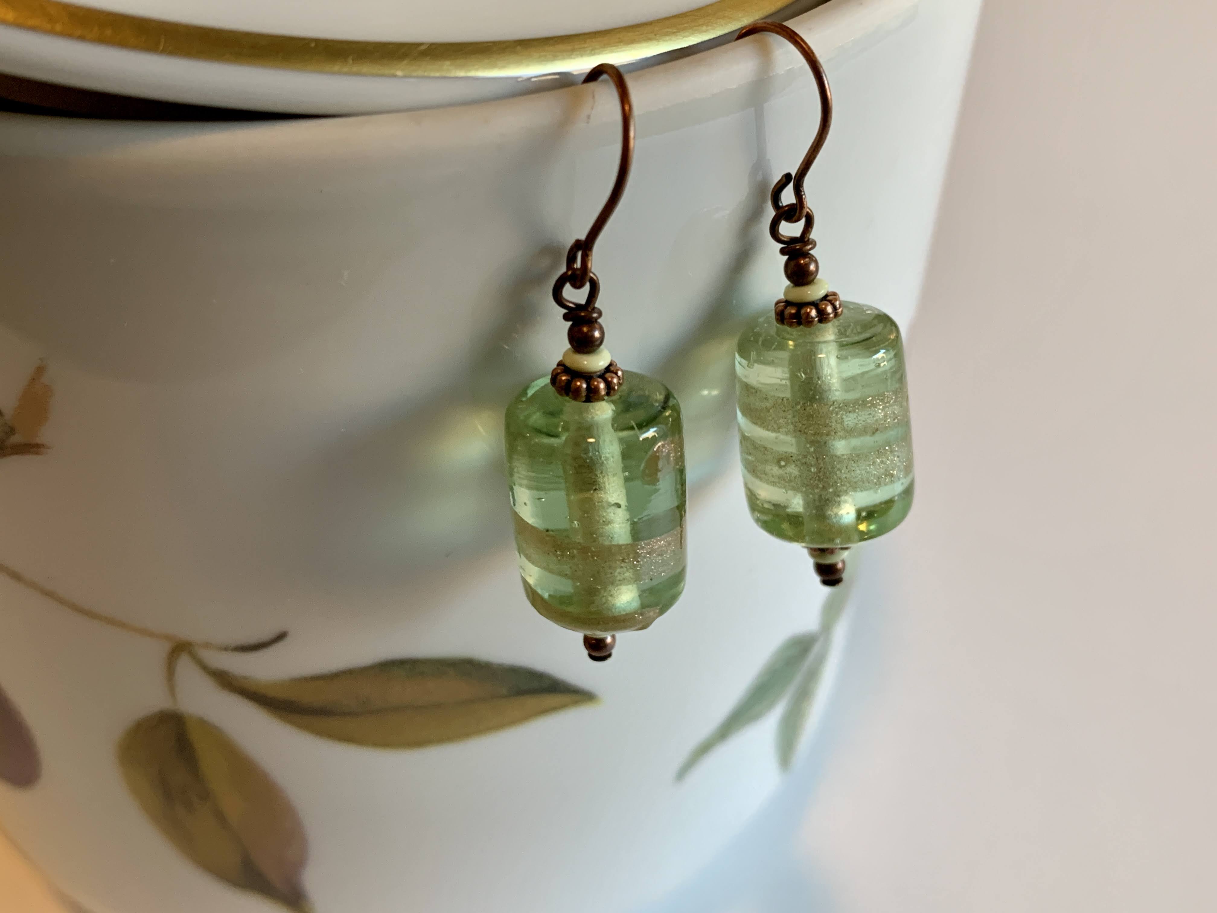 Green Shiny Glass Bead Earrings - Gold Bands