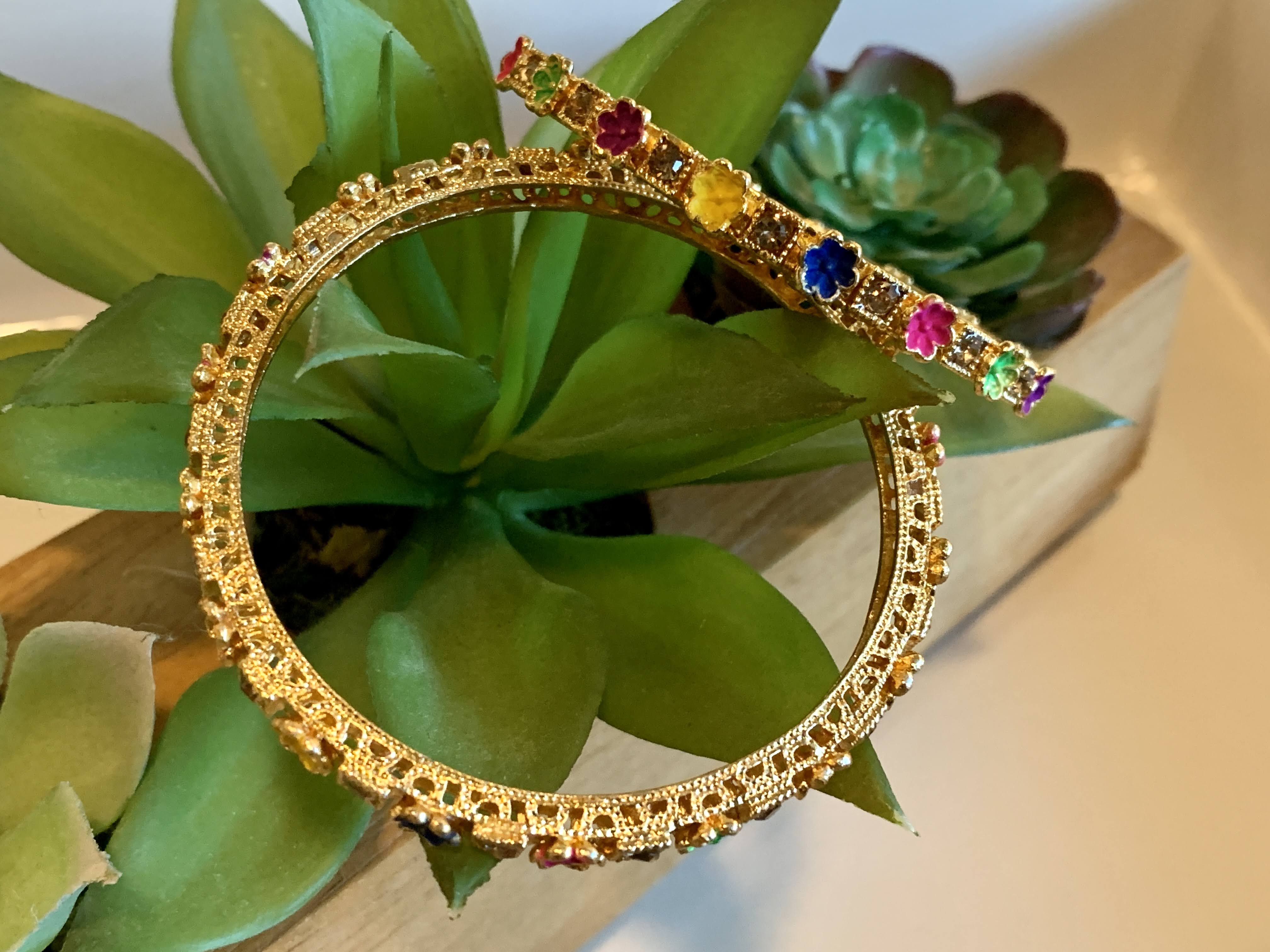 Bangle with Gold and Colored Enamel Paint Floral Design- Girls Kids