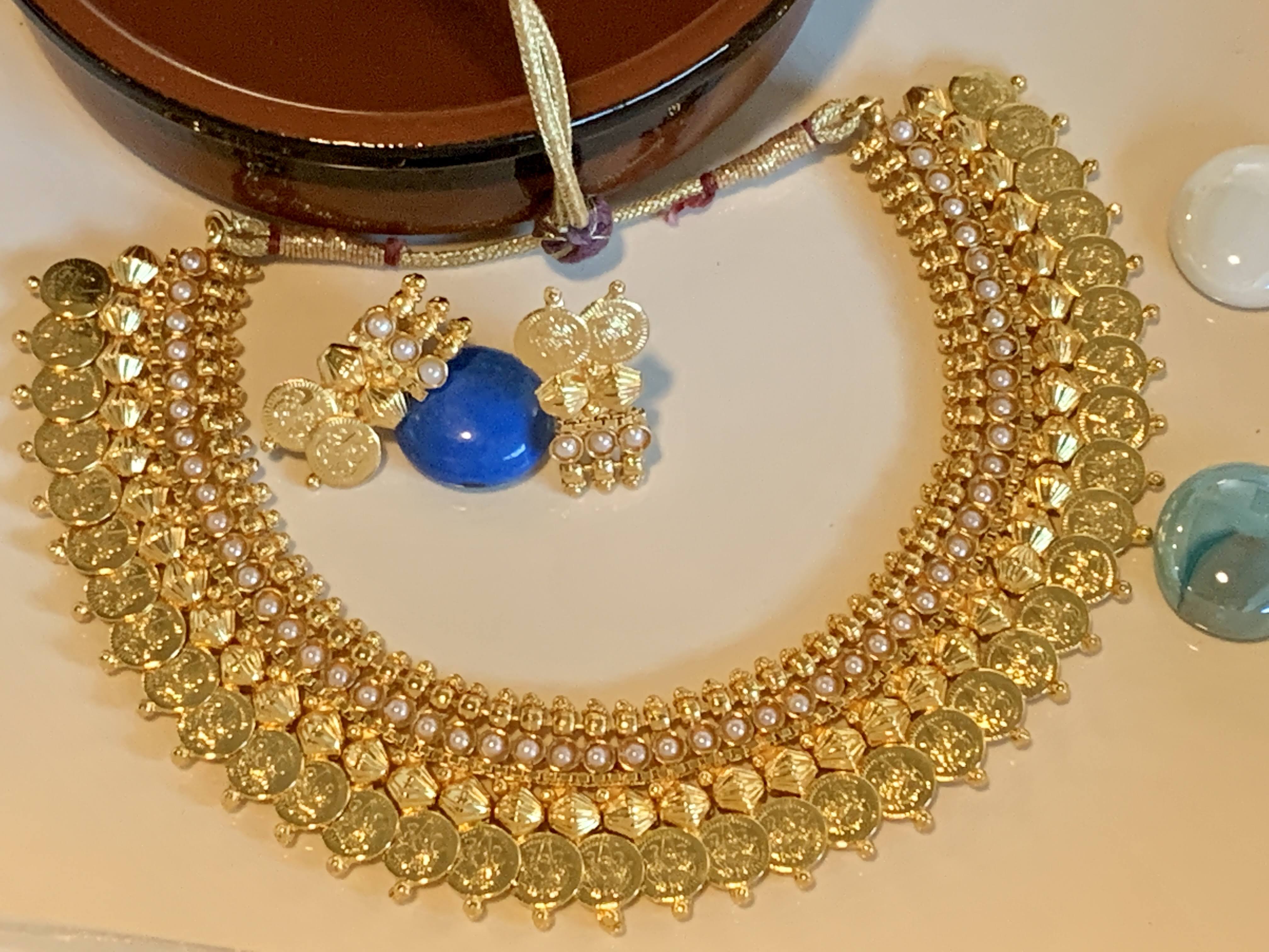 Goddess Lakshmi Coin - Fashion Jewelry- Faux Pearl Beads Necklace Set - Gold color