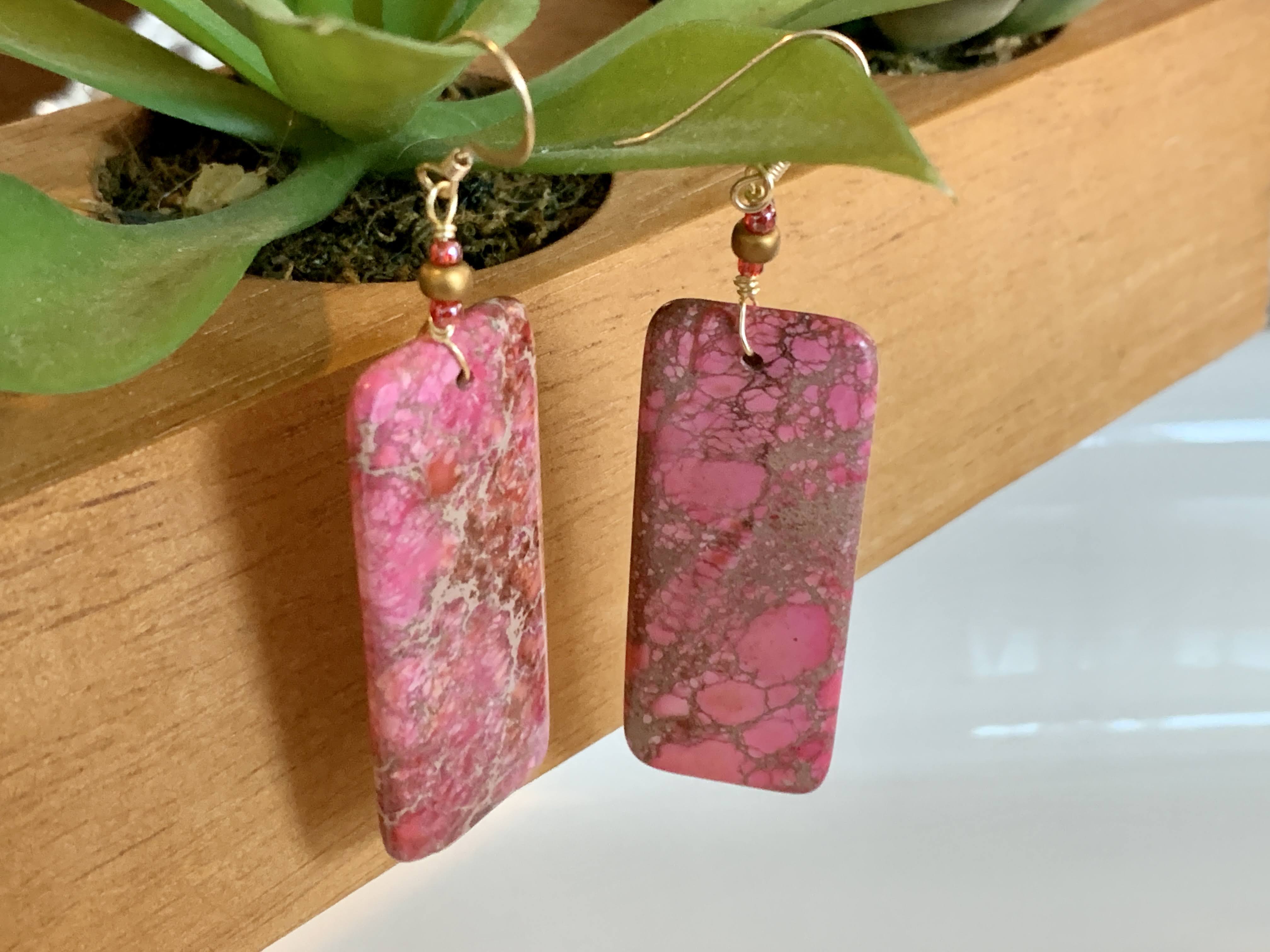 Pink Color - Square Glass Stone Bead - Artisan Earrings