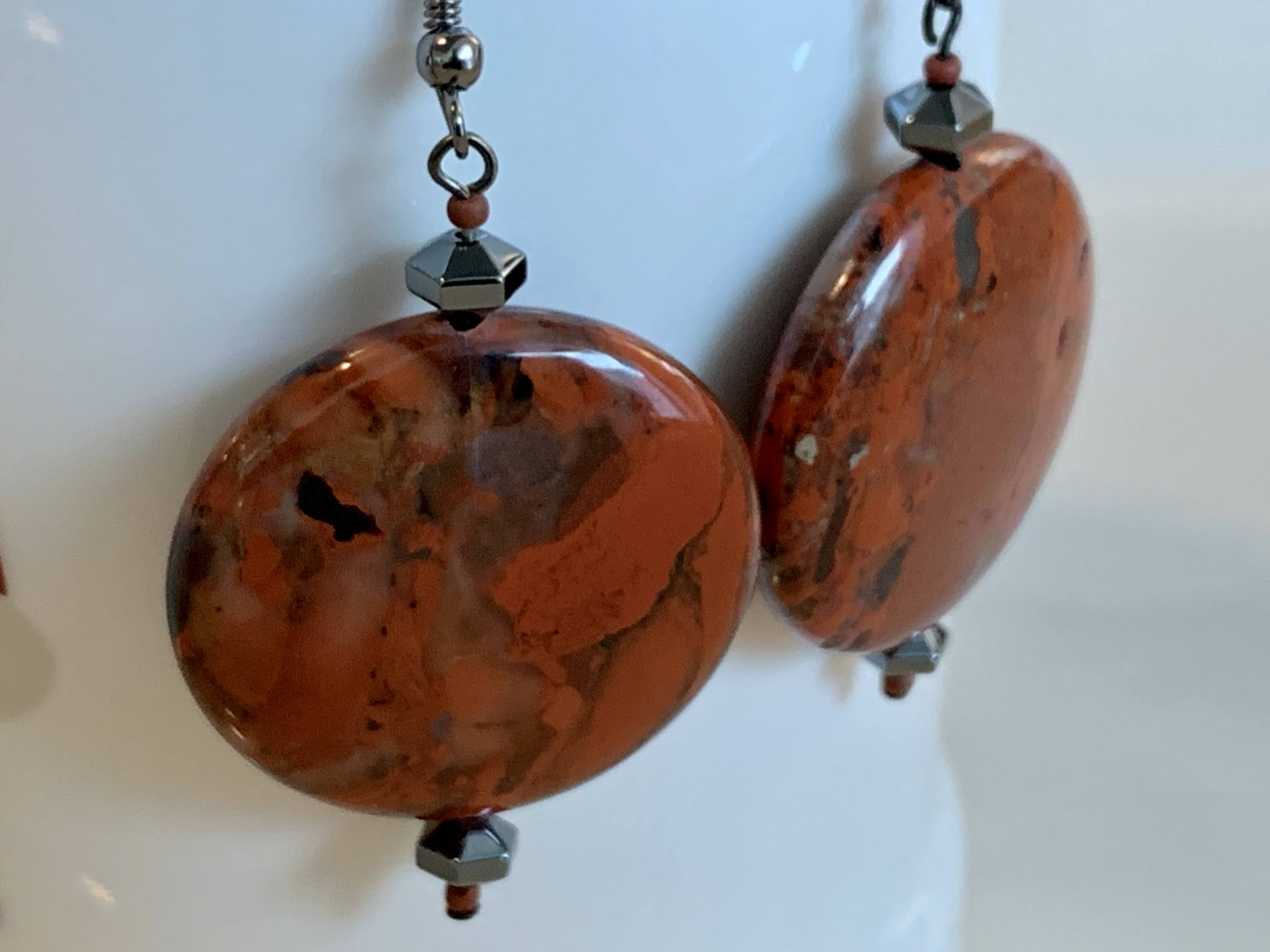 Burnt Orange Red Color - Flat Round Stone Bead - Artisan Earrings