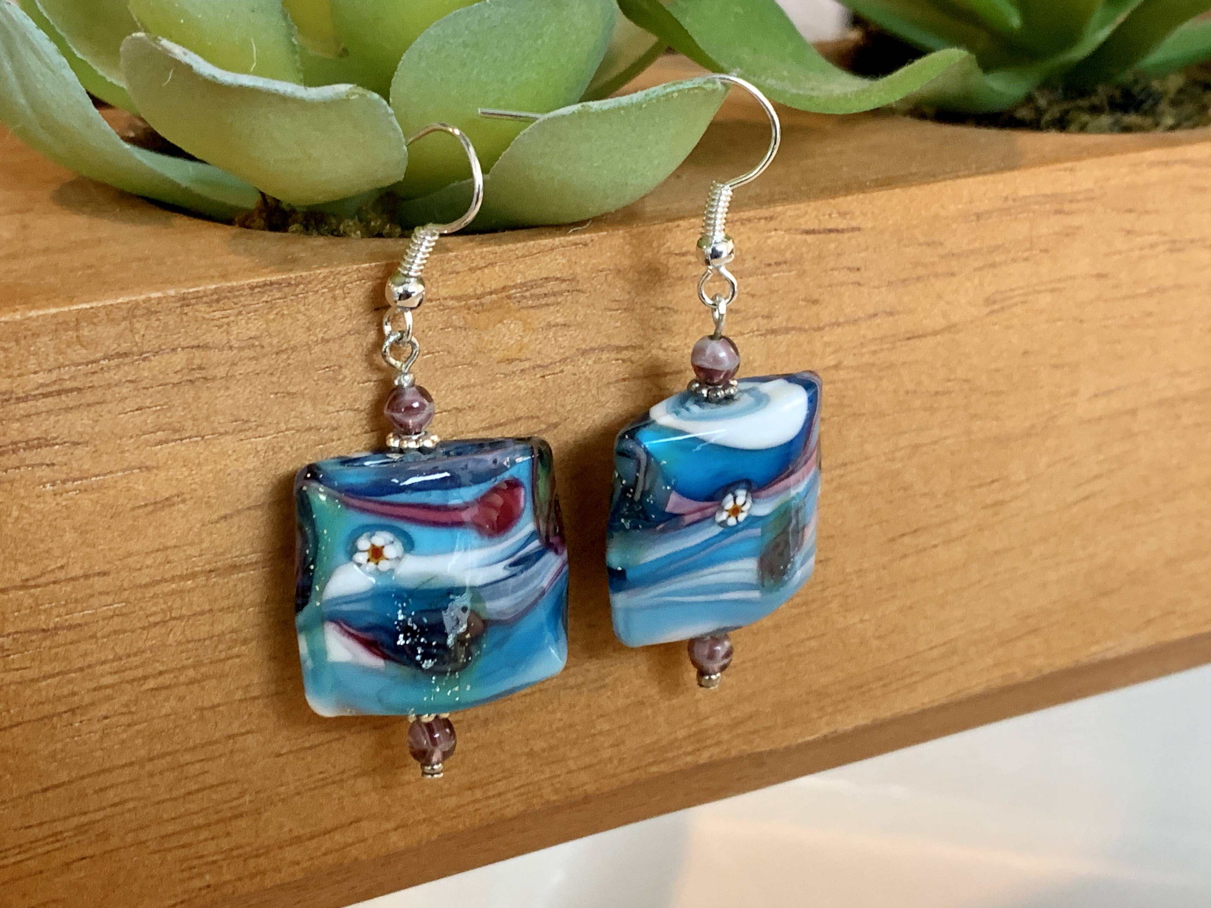 Blue White Color - Square Glass Stone Bead - Floral Pattern Earrings