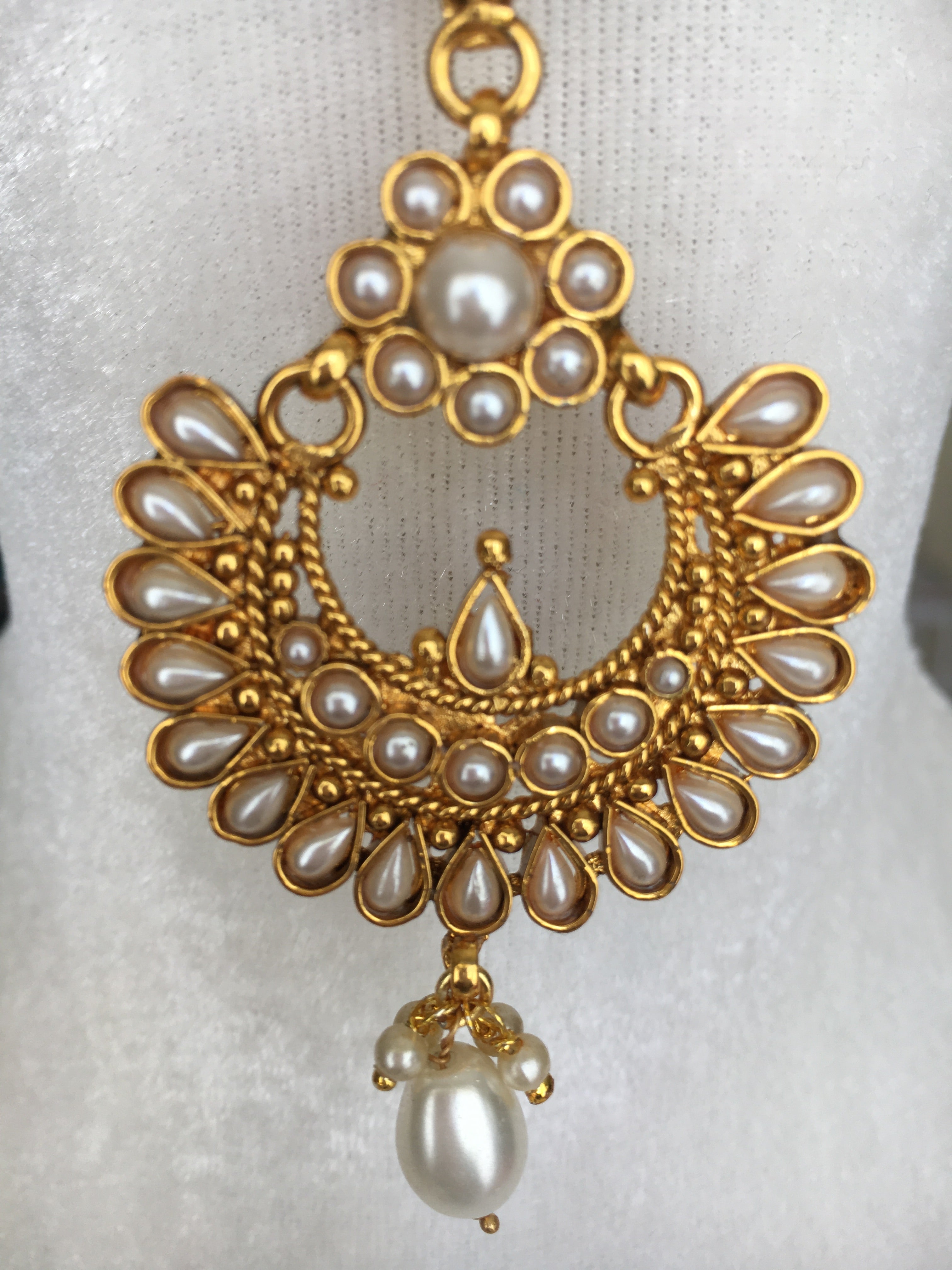 Gold Plated - Temple Jewelry - Maang Tikka and Earring Set with Pearl Beads