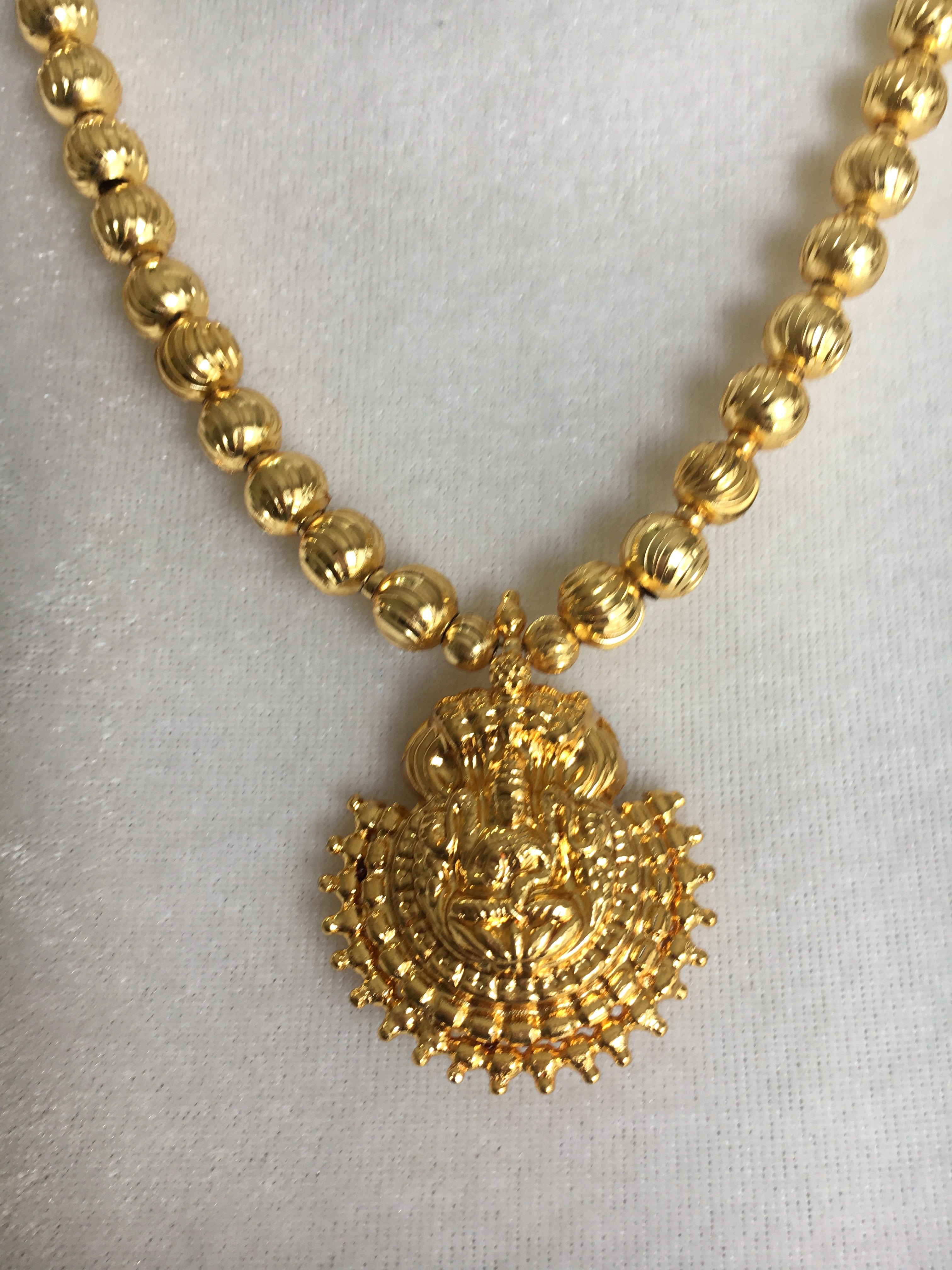 Goddess Lakshmi Pendant - Gold Plated Temple Jewelry - Shiny Gold Plated Bead Necklace