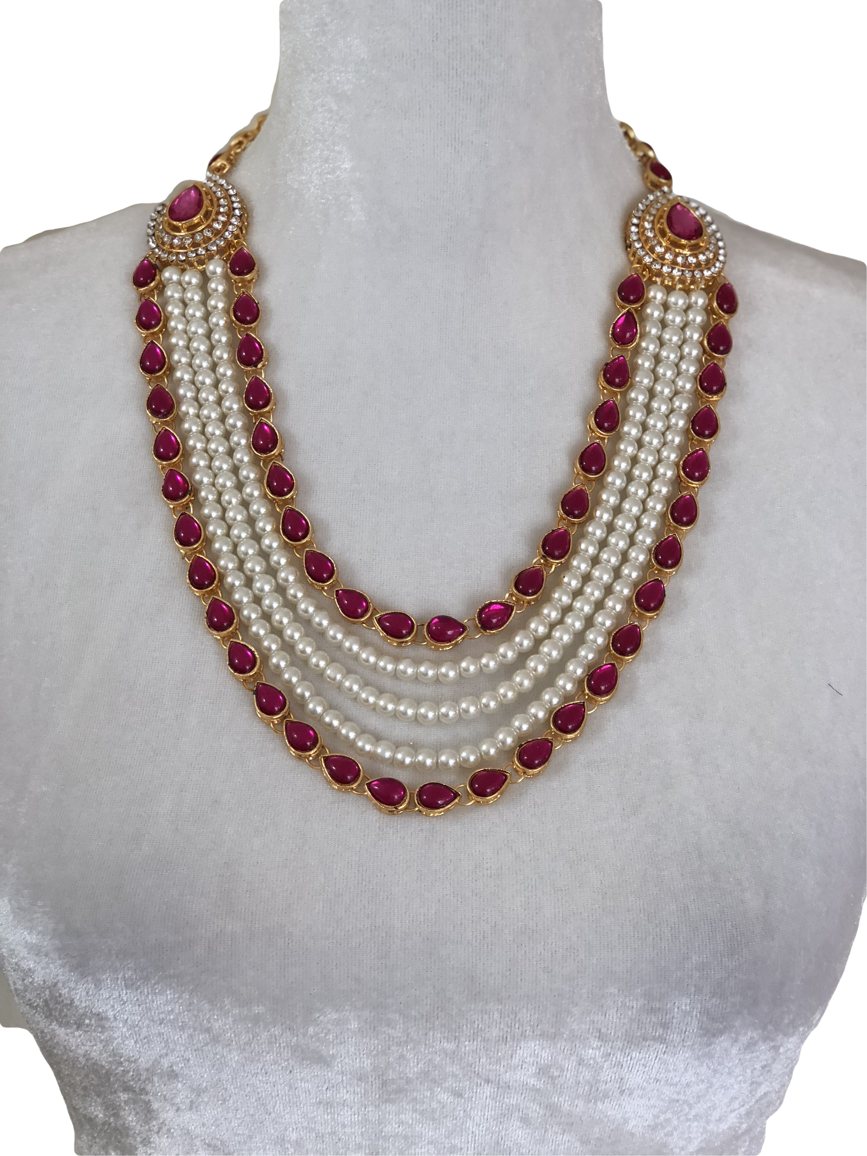 Gold Pink Color - Faux Pearls - Glass Stone - Necklace Set