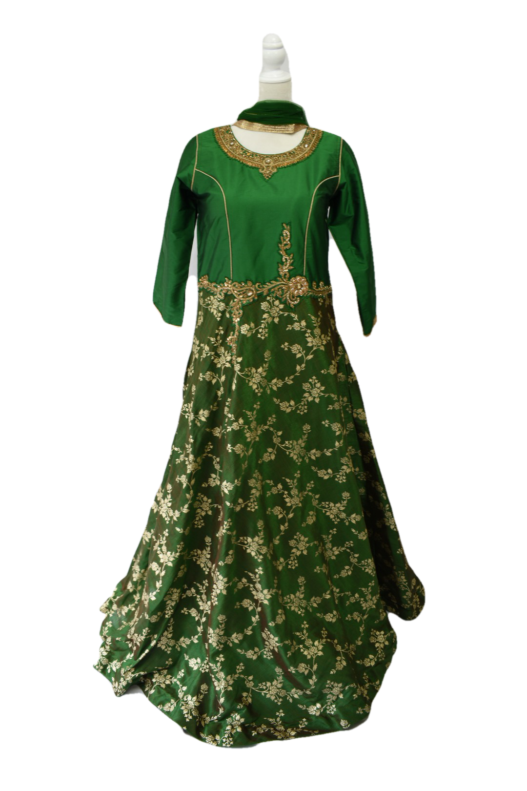 Green Color - Raw Silk Anarkali Gown - Gold Block Print Embroidered