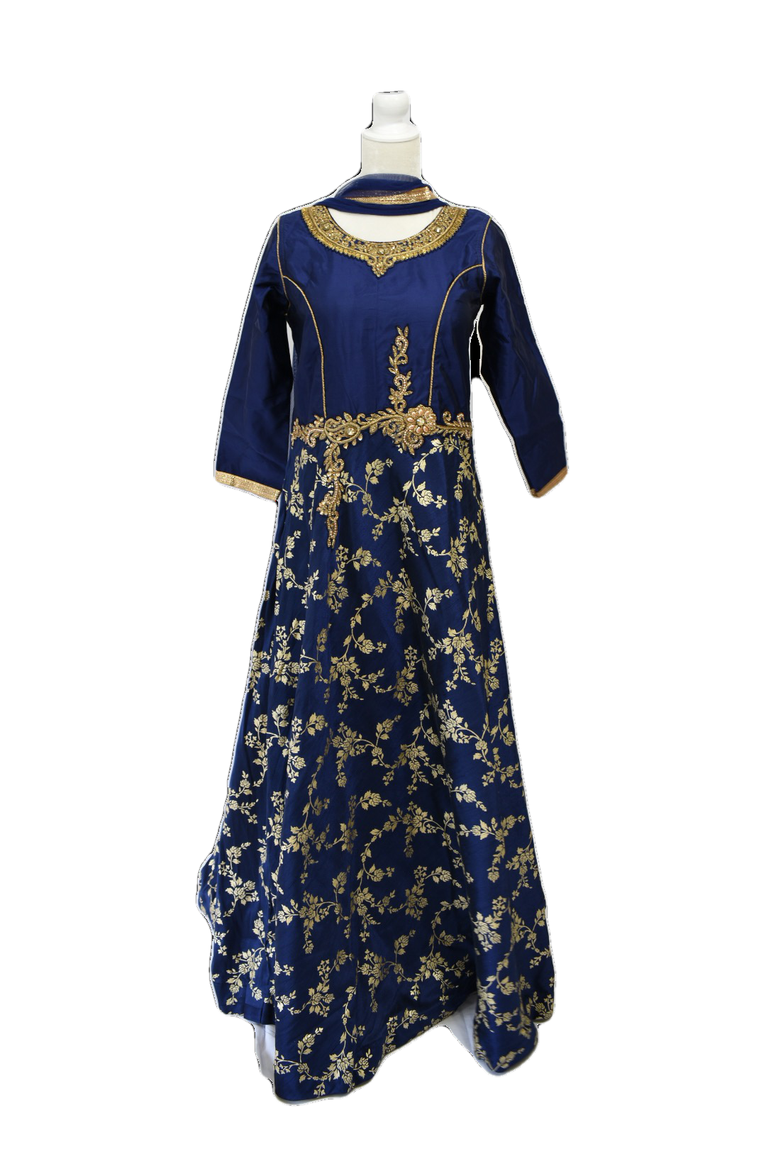 Navy Blue Color - Silk Anarkali Gown - Gold Block Print Embroidered