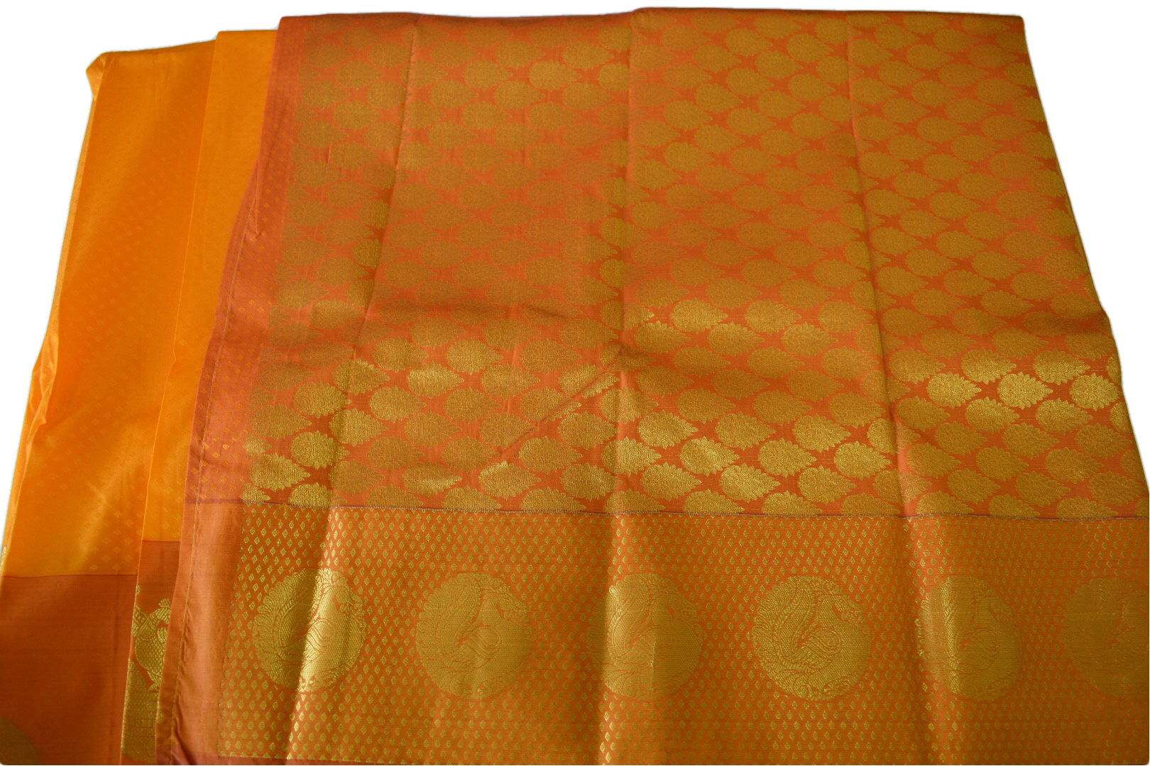 Yellow Gold Color - Silk Saree - Silk Zari Thread - Peacock Veena Pattern