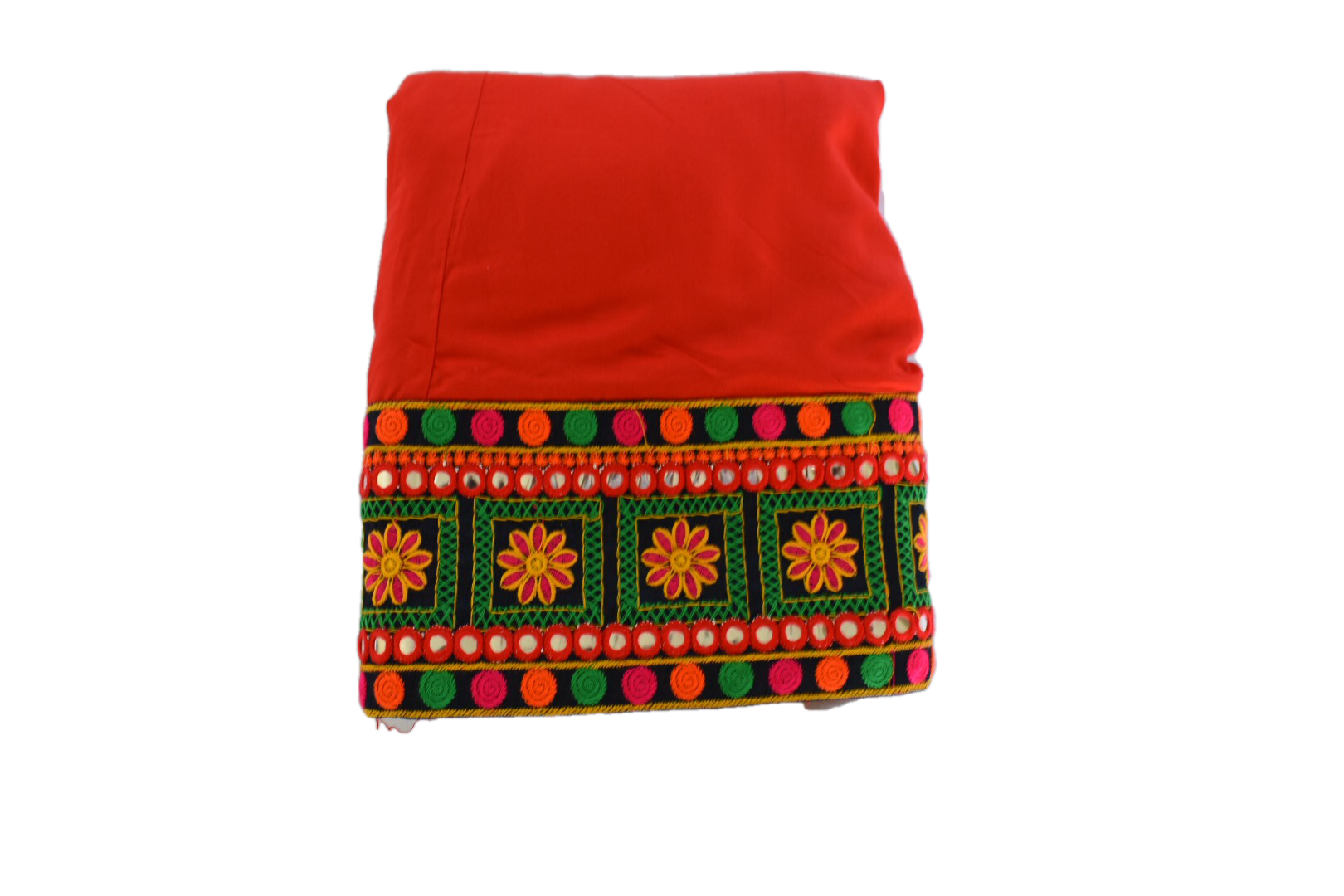 Embroidered Metal Mirror Border - Temple wear - Poly Cotton Skirt -  Red Color