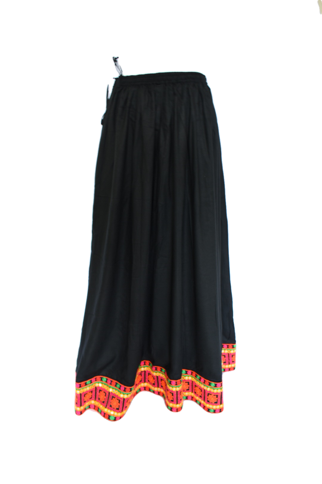 Embroidered Metal Mirror Border - Poly Cotton Skirt -  Black Color