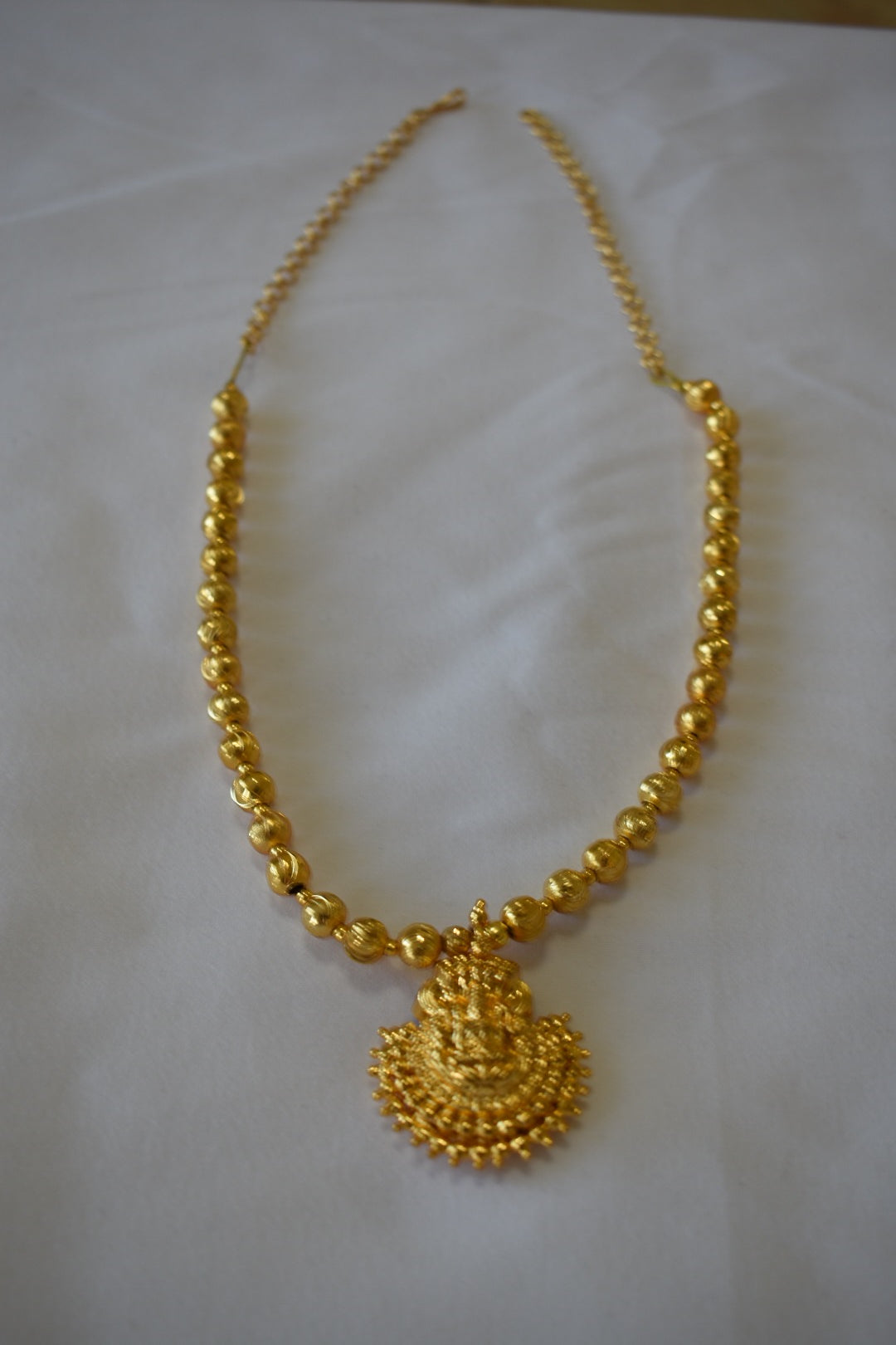 Goddess Lakshmi Pendant - Gold Plated Temple Jewelry - Shiny Gold Plated Bead Necklace