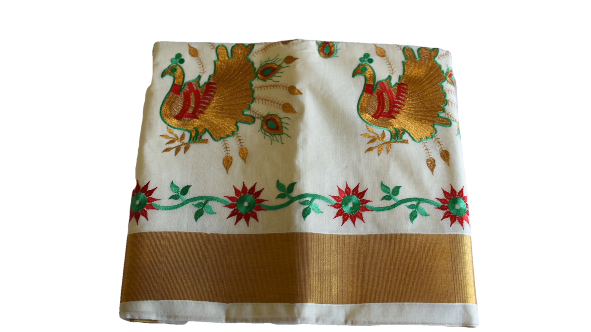 Ivory White Color - South Kasavu Cotton Saree - Pure Silk Thread Embroidered - Peacock & Flowers Embroidery