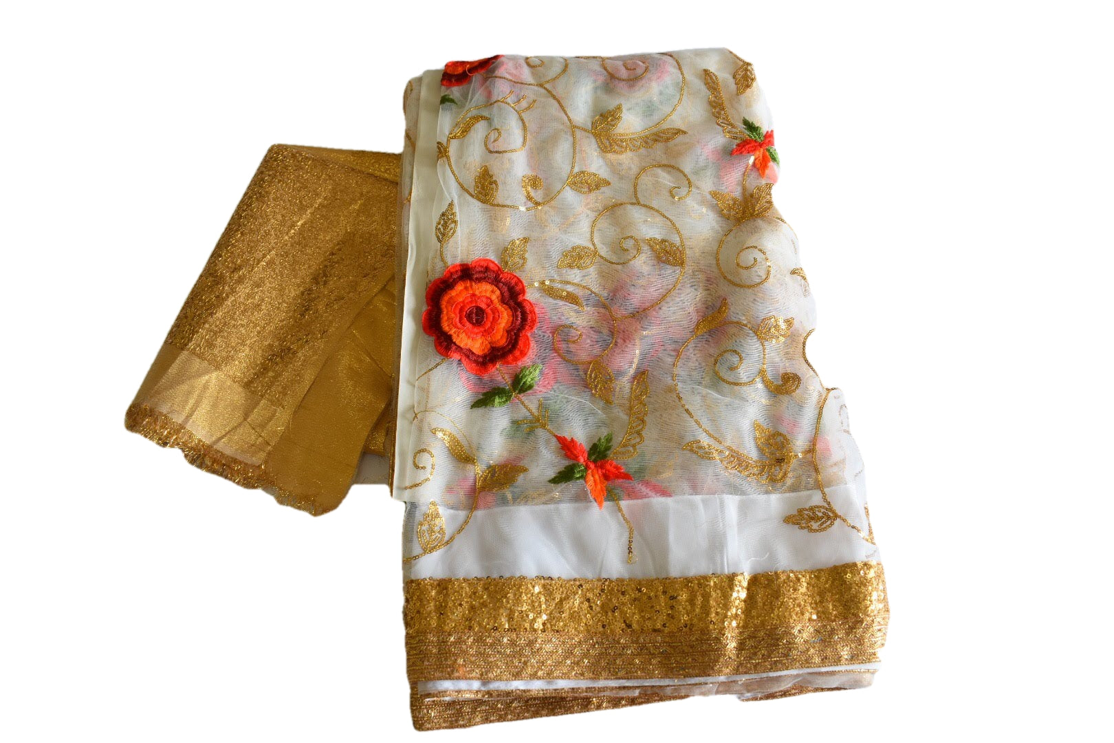 White and Red Color - Pure Chiffon Net Embroidered Saree - Shiny Gold Sequin Border And Floral Pattern