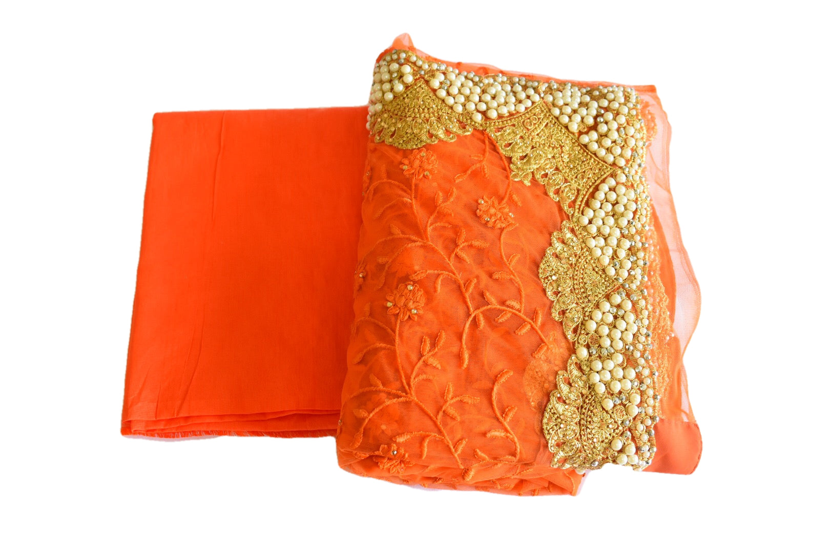 Orange Color - Chiffon Net Saree - Resham Thread Embroidery - Faux Pearl And Stone Work Color