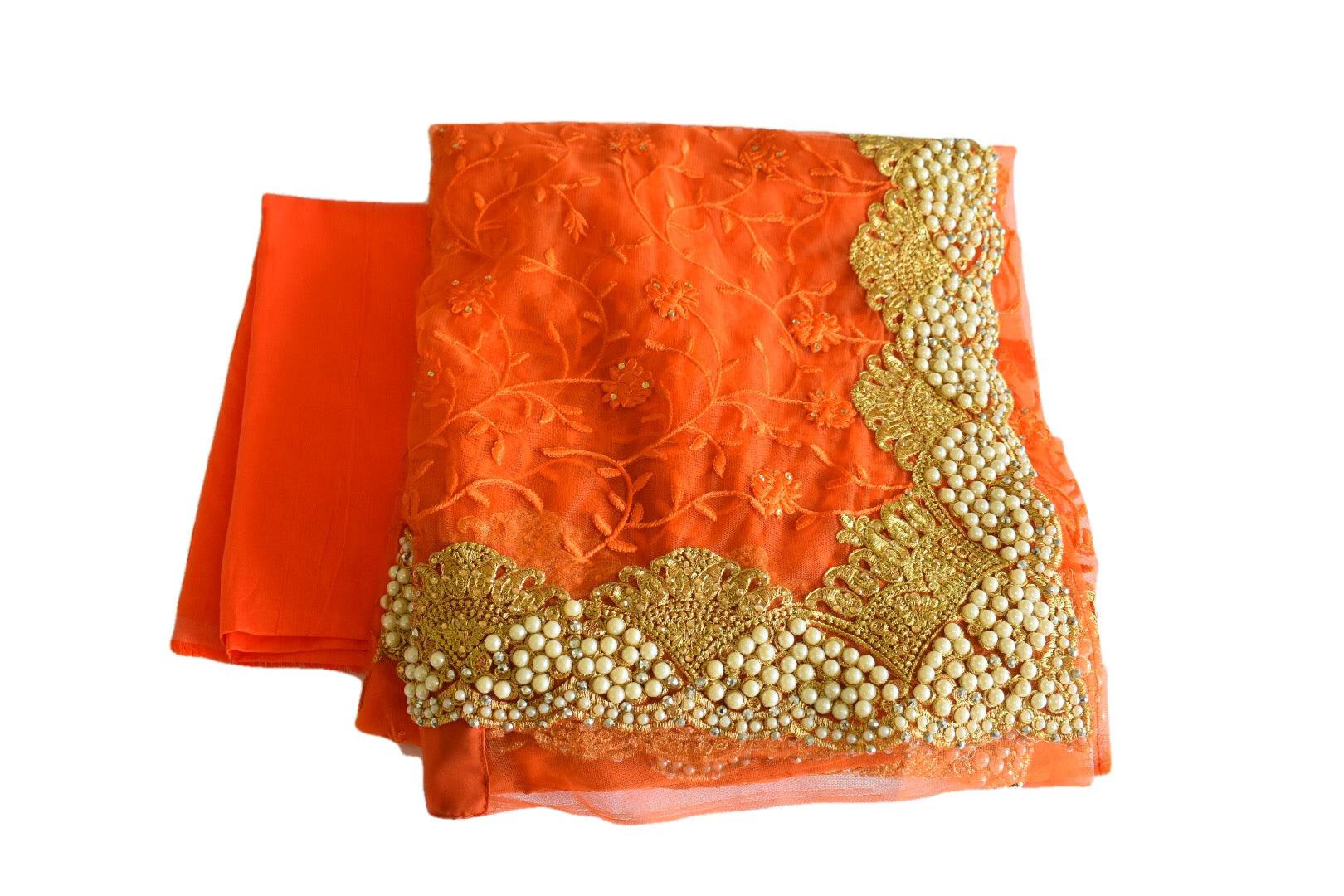 Orange Color - Chiffon Net Saree - Resham Thread Embroidery - Faux Pearl And Stone Work Color