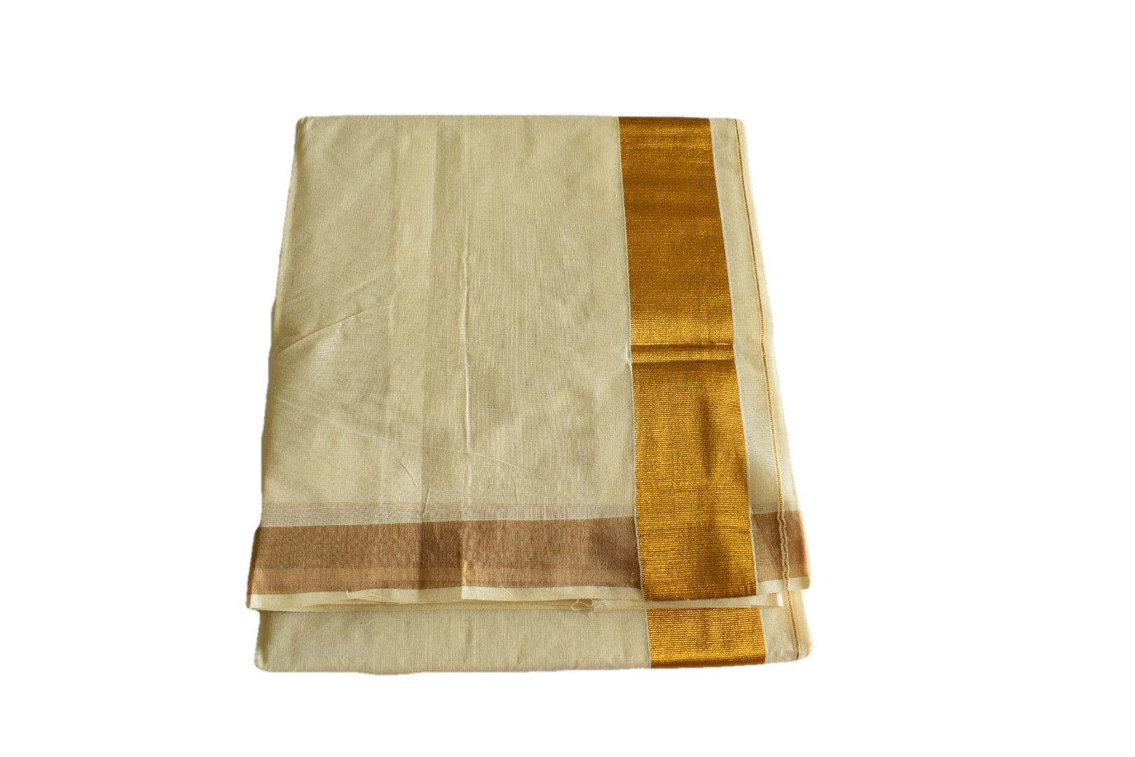 Authentic Mul Mul Cotton Kerala Kasavu Saree - Pure Silk Thread Border-Silk Crochet Mirror - Ivory Cream Cotton Saree