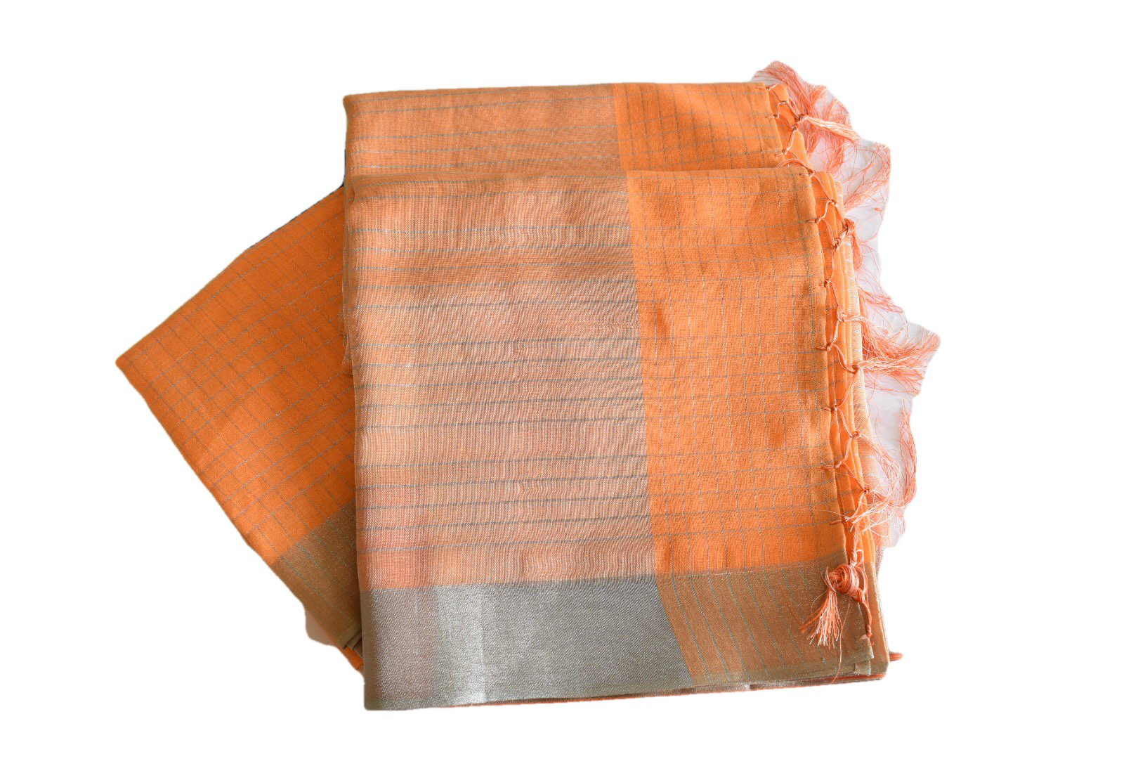 Pastel Peach Color -Silk Cotton Handloom Saree -  Silver Border And Lines