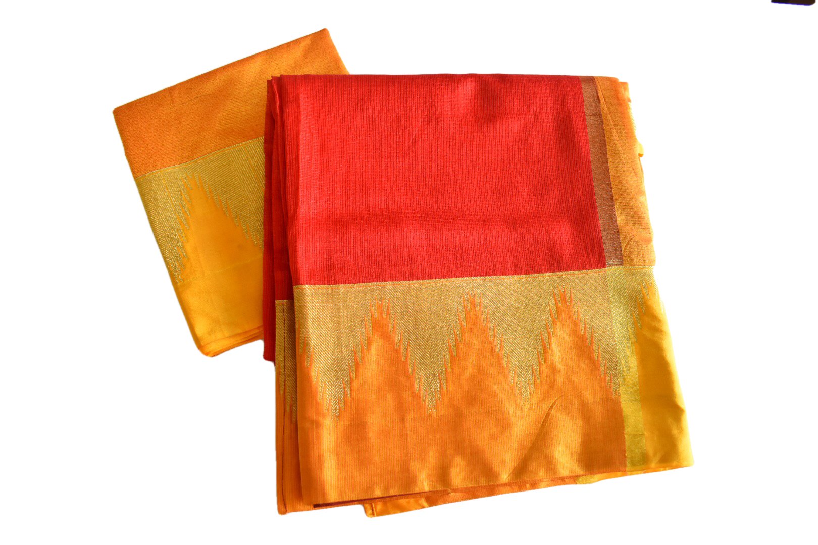 Red Color - Silk Cotton Blend Handloom Saree - Thick Wide Border - Gold Zari Pattern