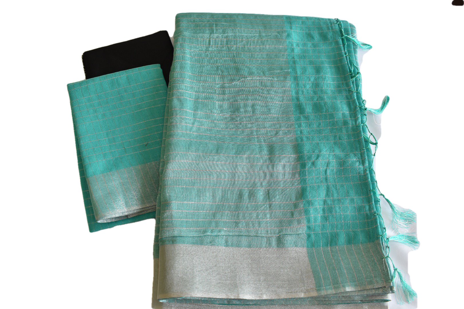 Pastel Turquoise Green Color - Silk Cotton Handloom Saree -  Silver Border And Lines